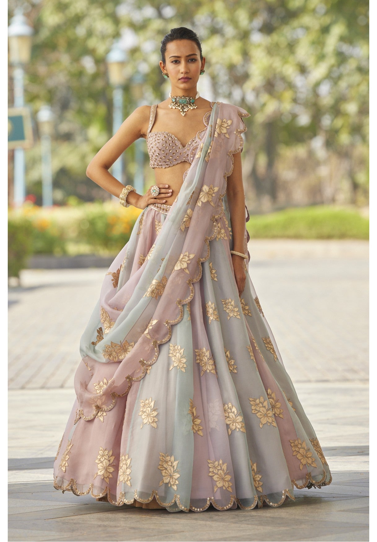 Ash Pink Multicolor Flower Lehenga Set