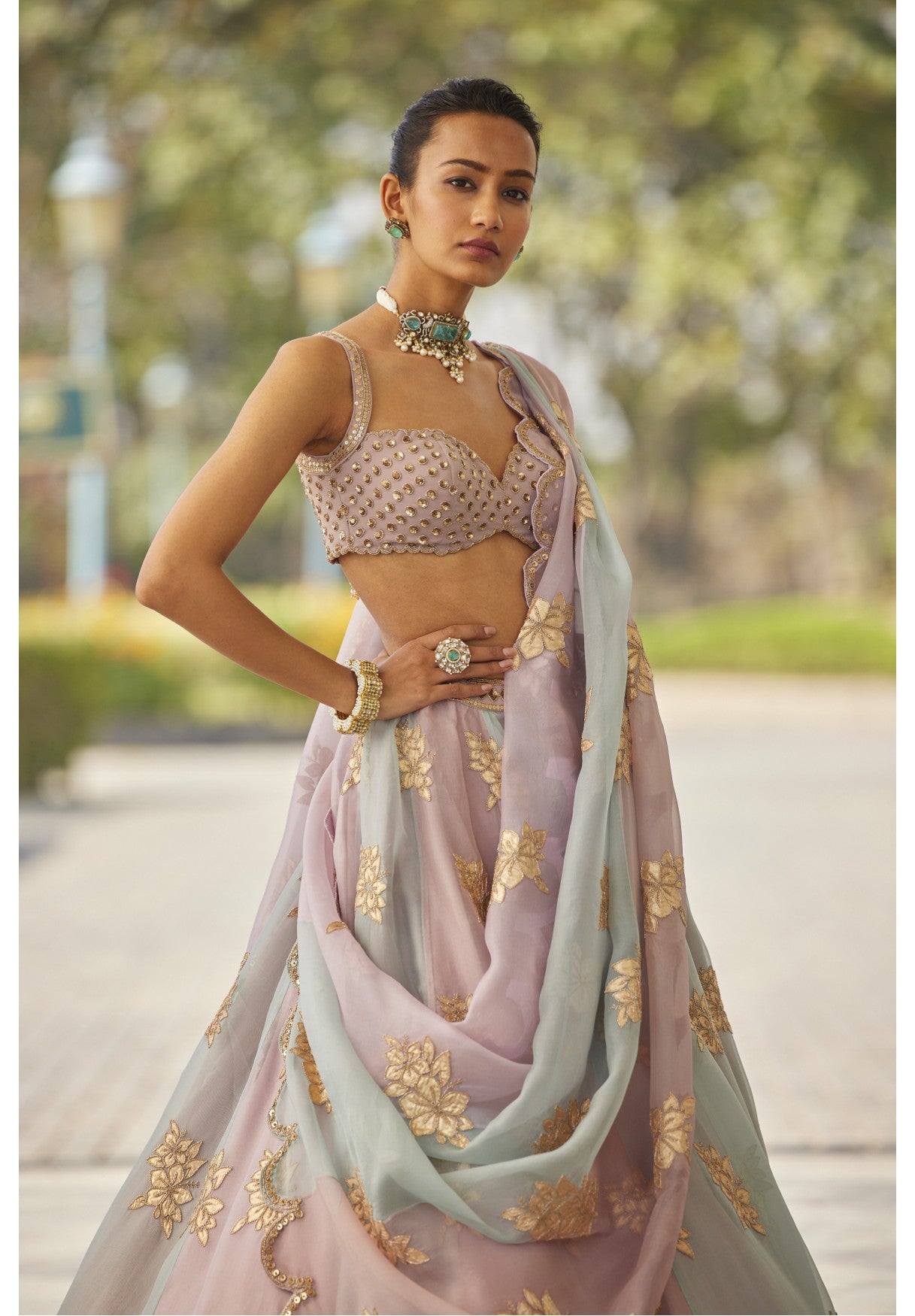 Ash Pink Multicolor Flower Lehenga Set