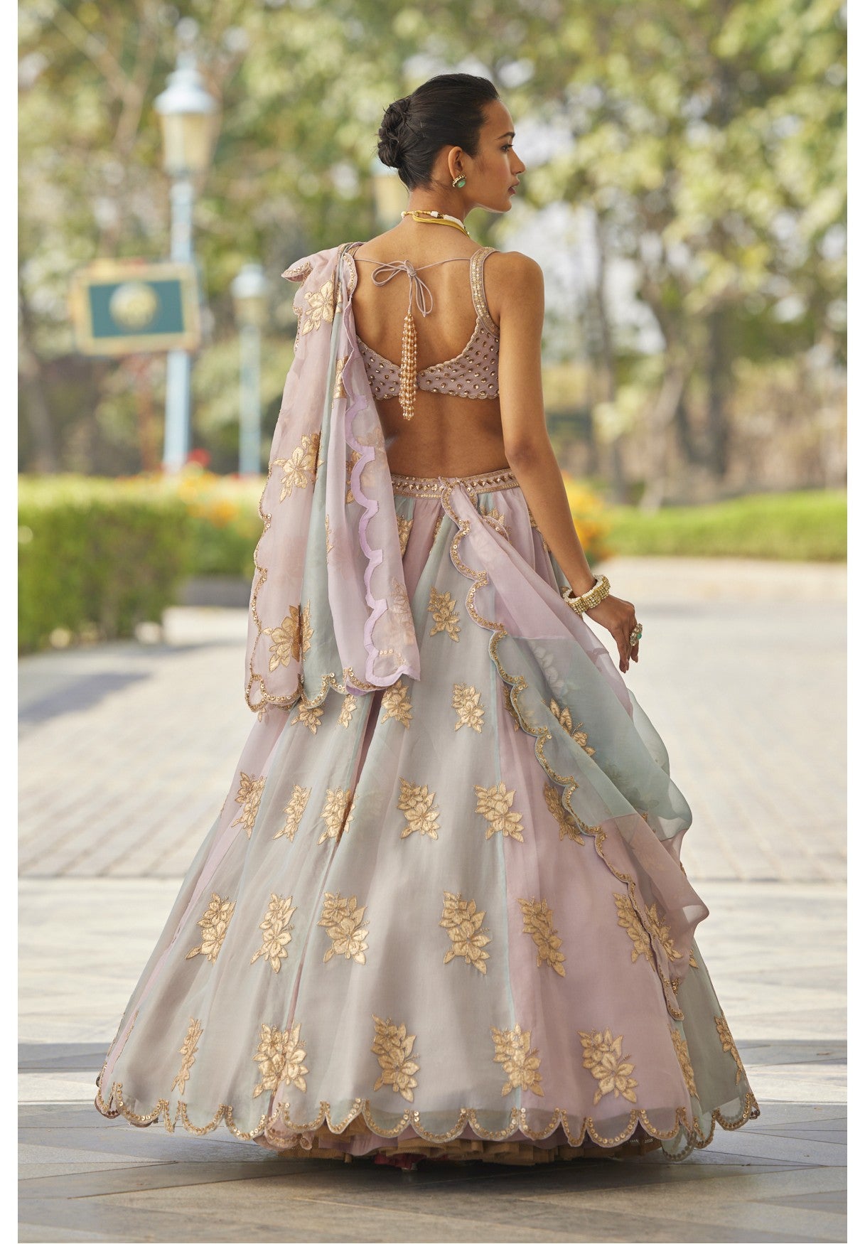 Ash Pink Multicolor Flower Lehenga Set