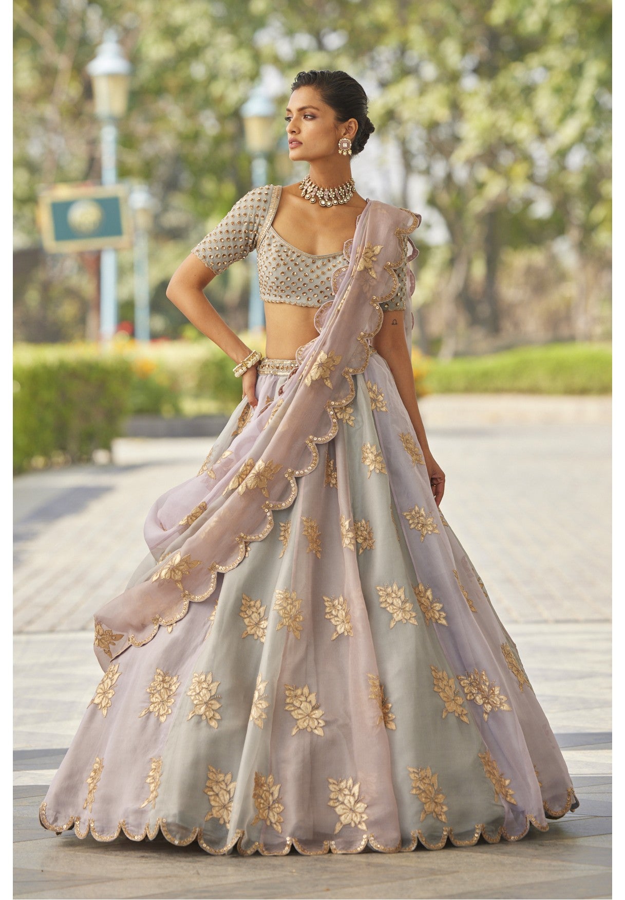 Powder Grey Multicolor Flower Lehenga Set