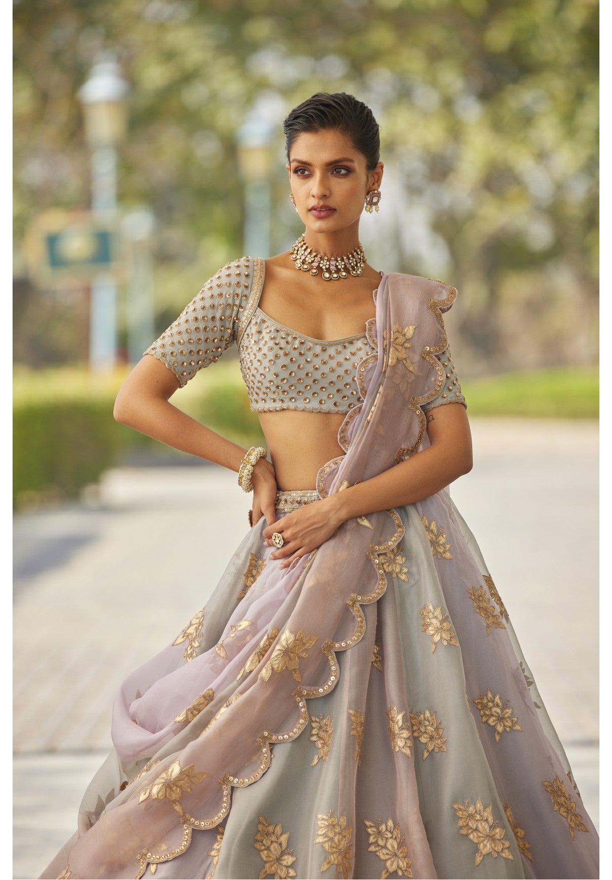 Powder Grey Multicolor Flower Lehenga Set