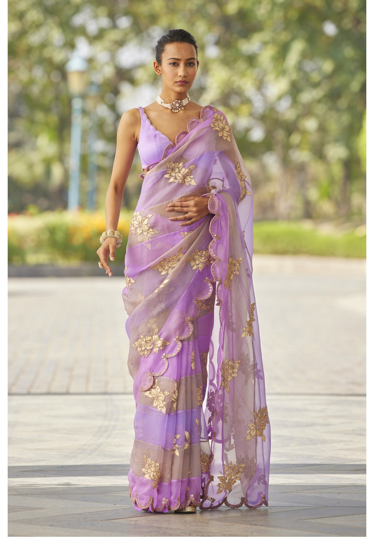 Mauve Multicolor Flower Saree Set