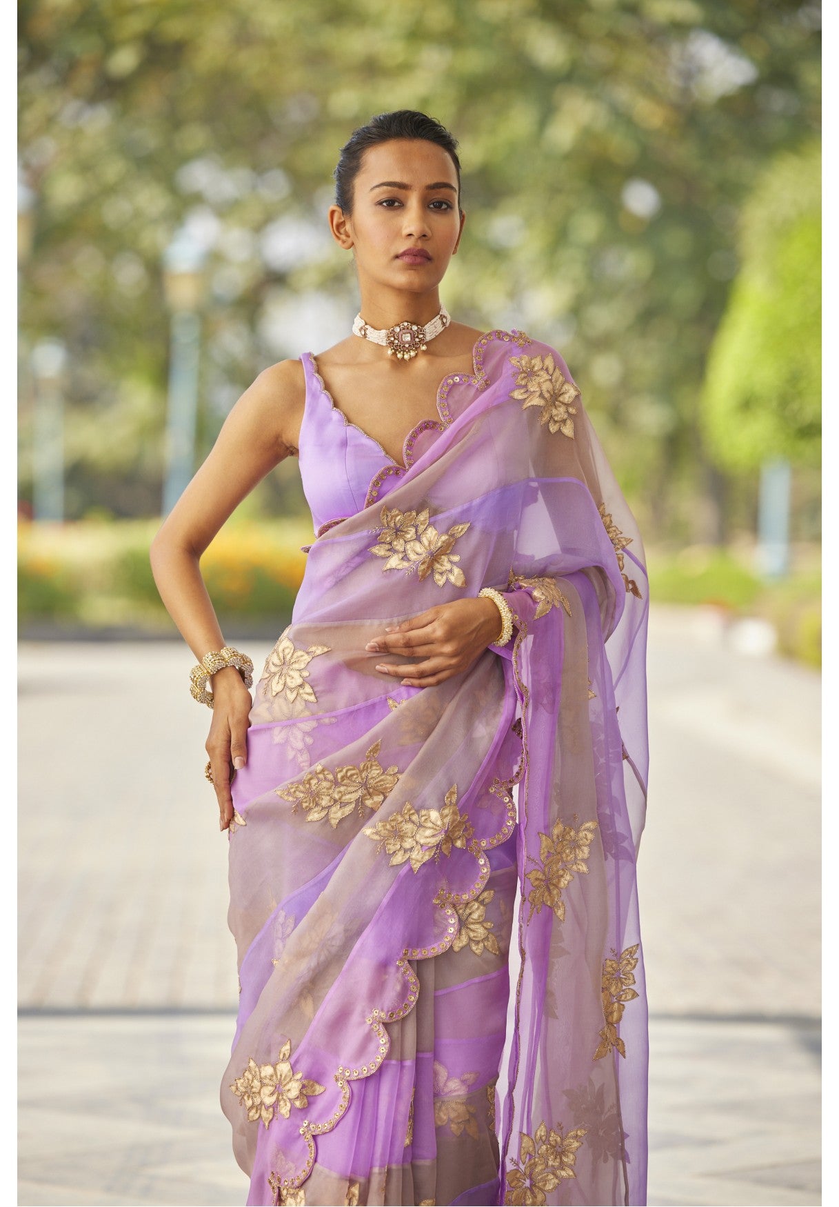 Mauve Multicolor Flower Saree Set