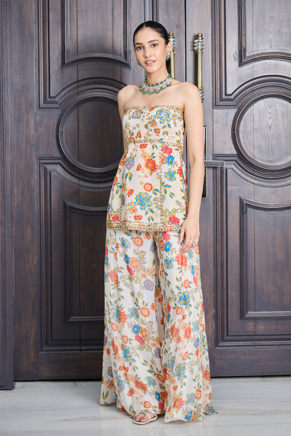 Ivory Floral Print Tube Kurta And Sharara Set