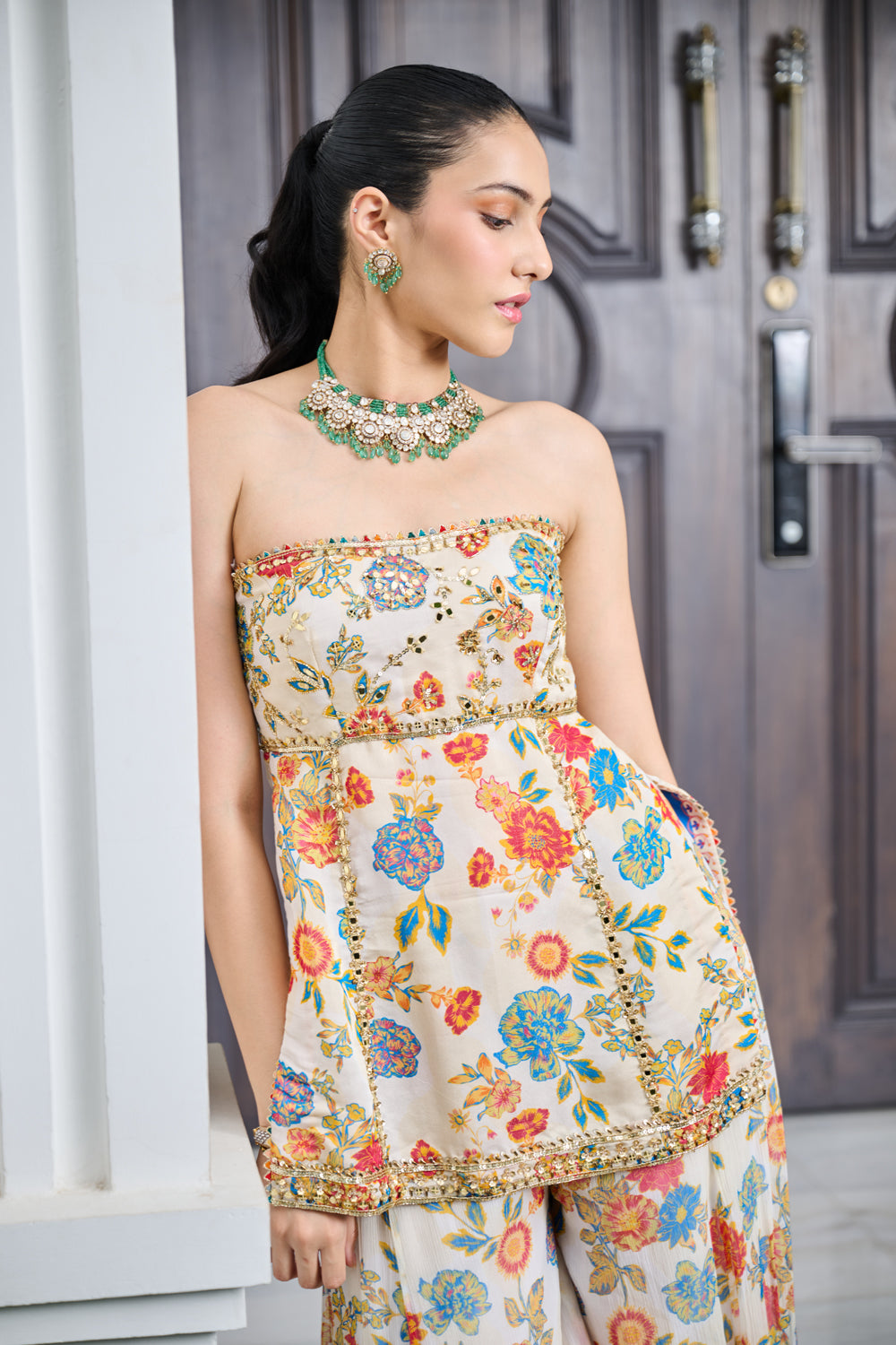 Ivory Floral Print Tube Kurta And Sharara Set