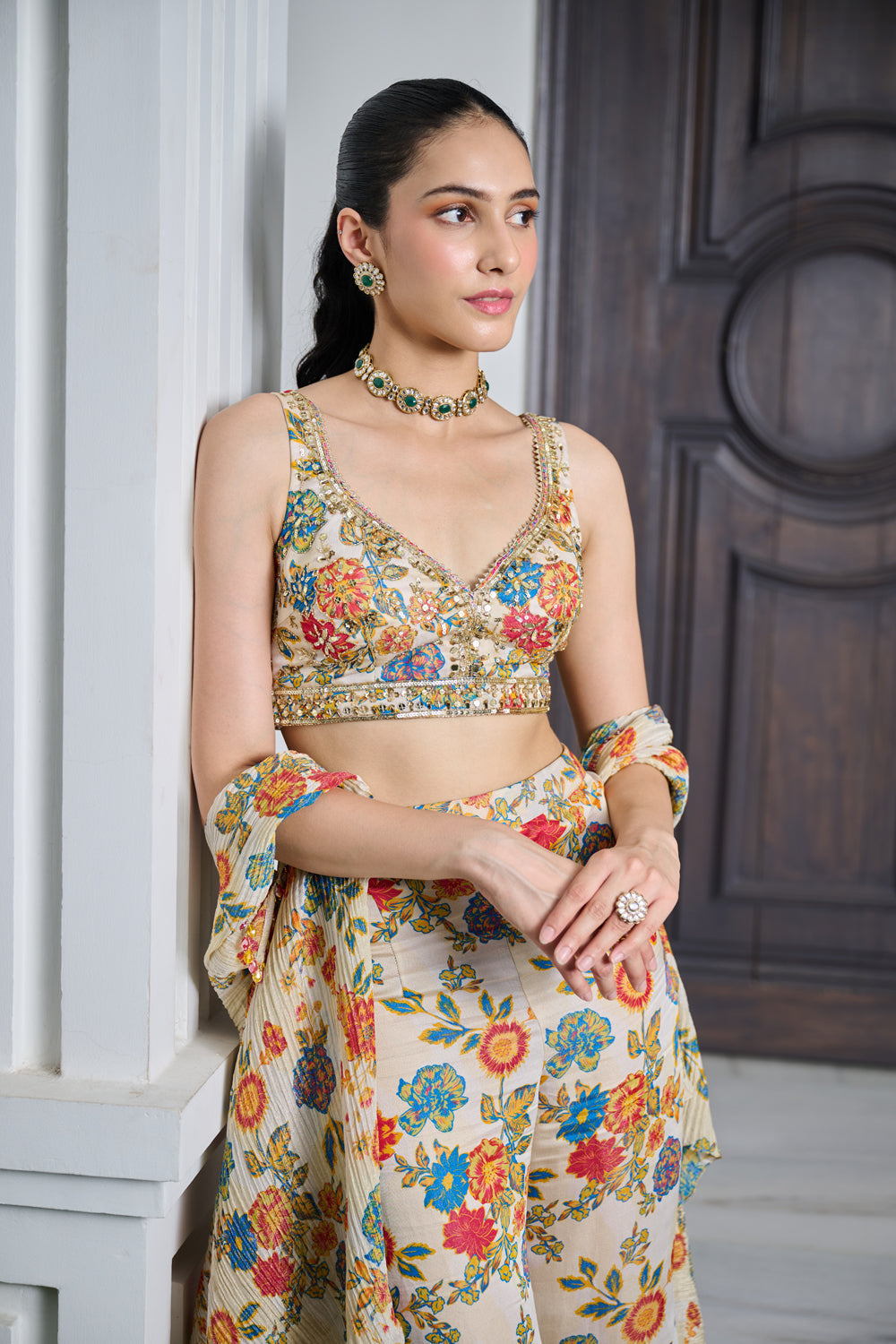 Ivory Floral Print Crushed Tissue Cape Set