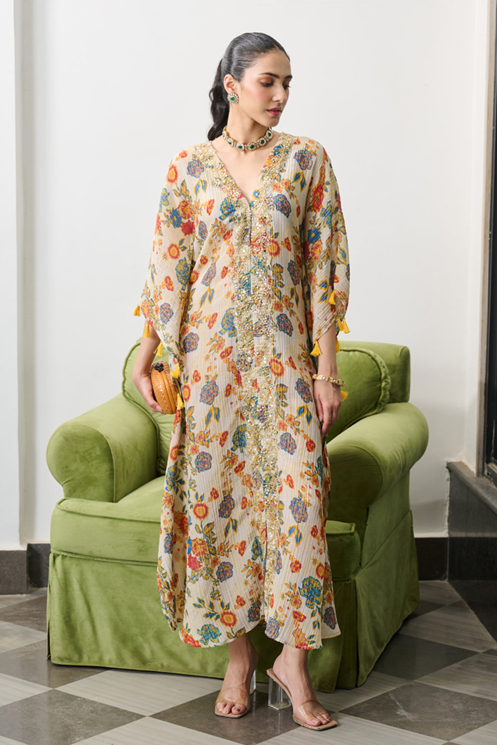 Ivory Floral Print Crushed Tissue Kaftaan