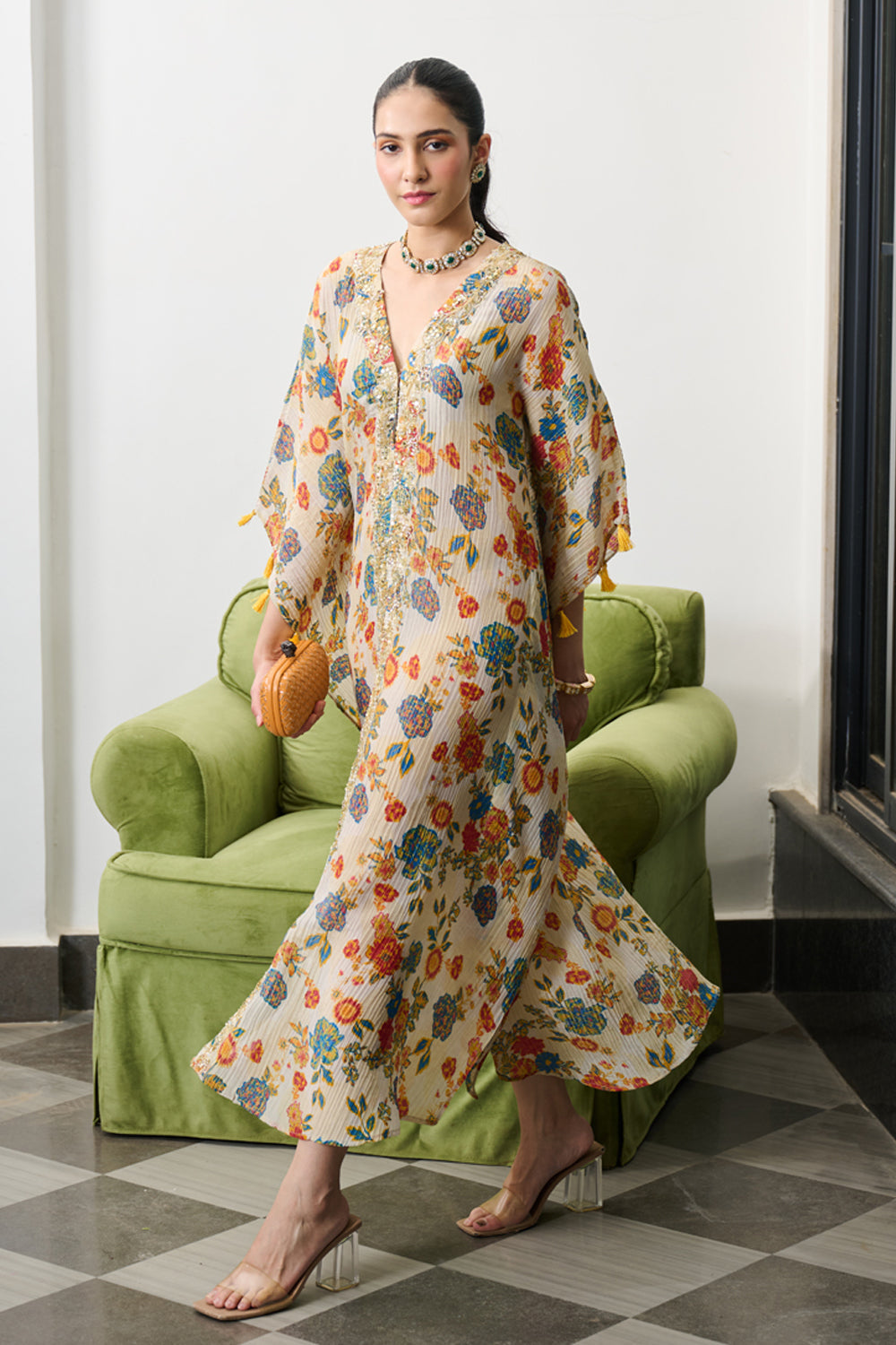 Ivory Floral Print Crushed Tissue Kaftaan