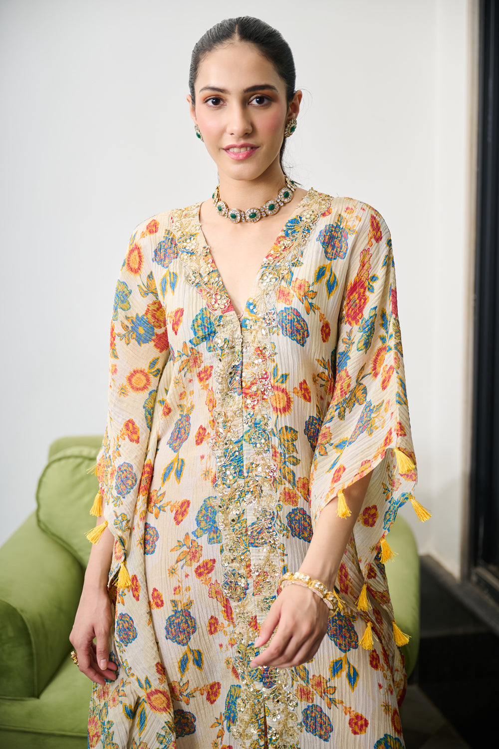 Ivory Floral Print Crushed Tissue Kaftaan