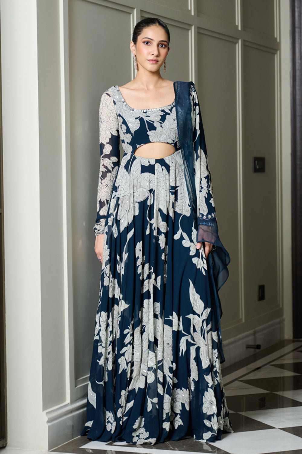 Blue Floral Print Anarkali