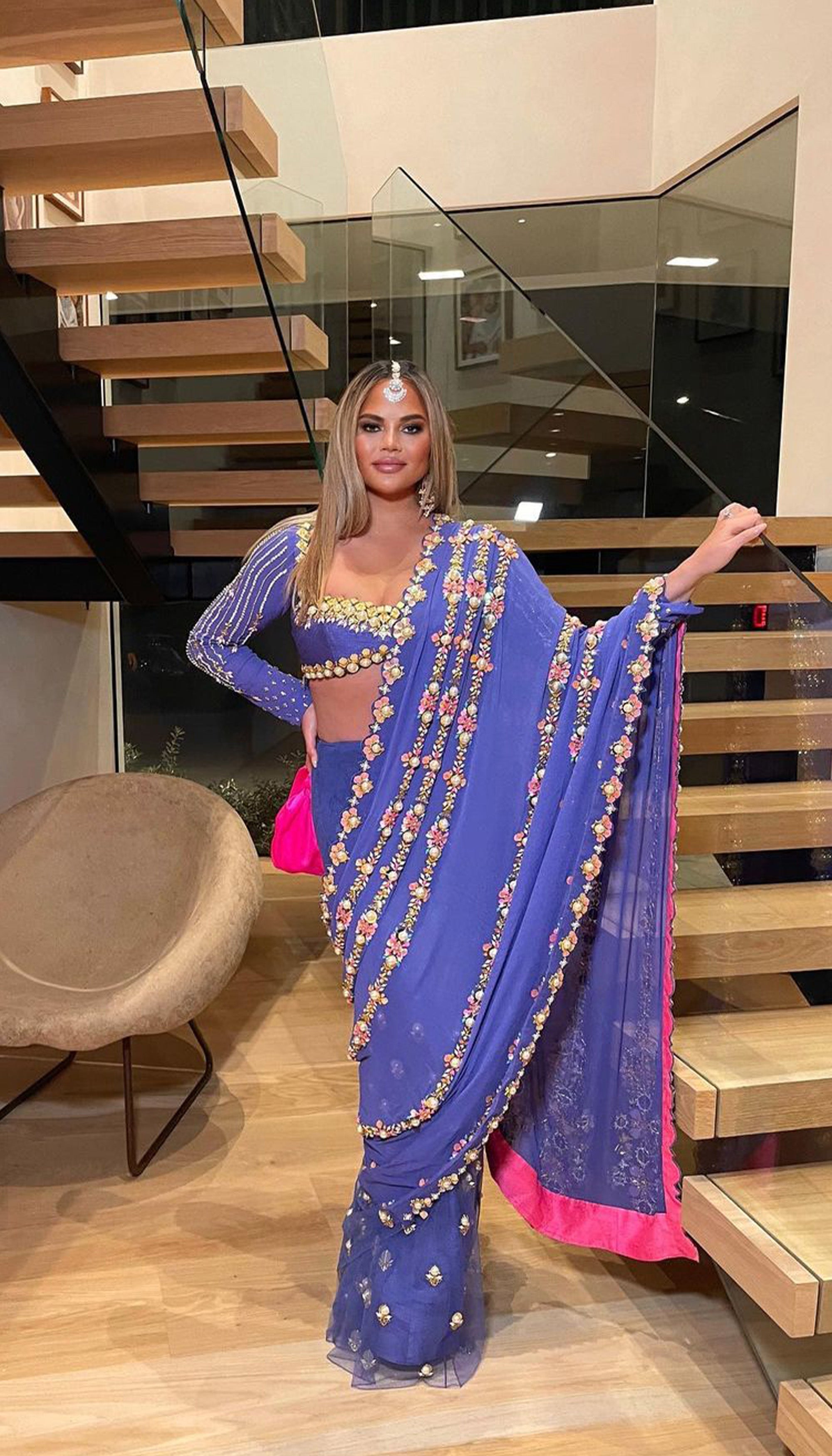 Chrissy Teigen - Blue Pre-Stitched Embellished Saree Set
