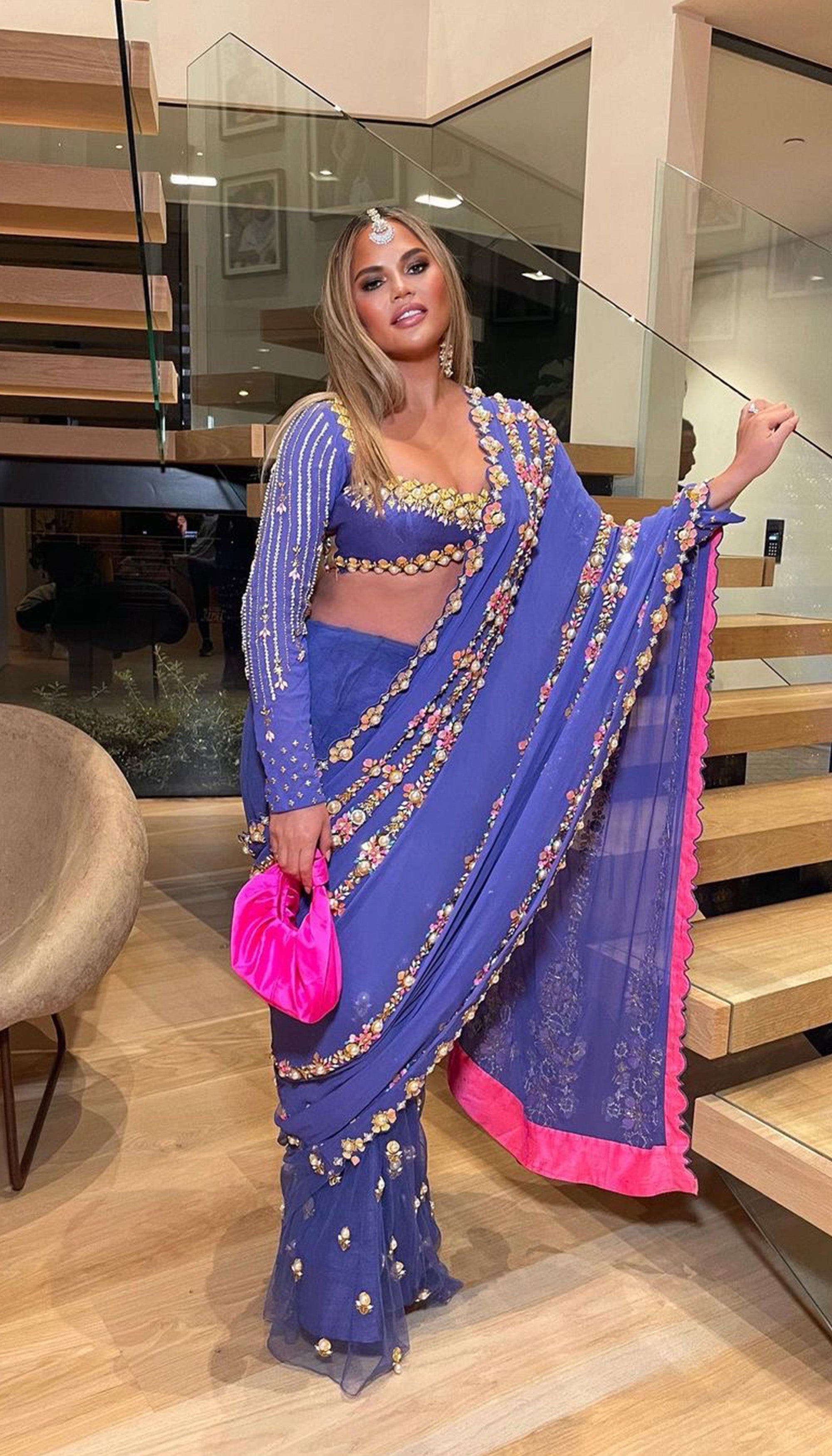 Chrissy Teigen - Blue Pre-Stitched Embellished Saree Set