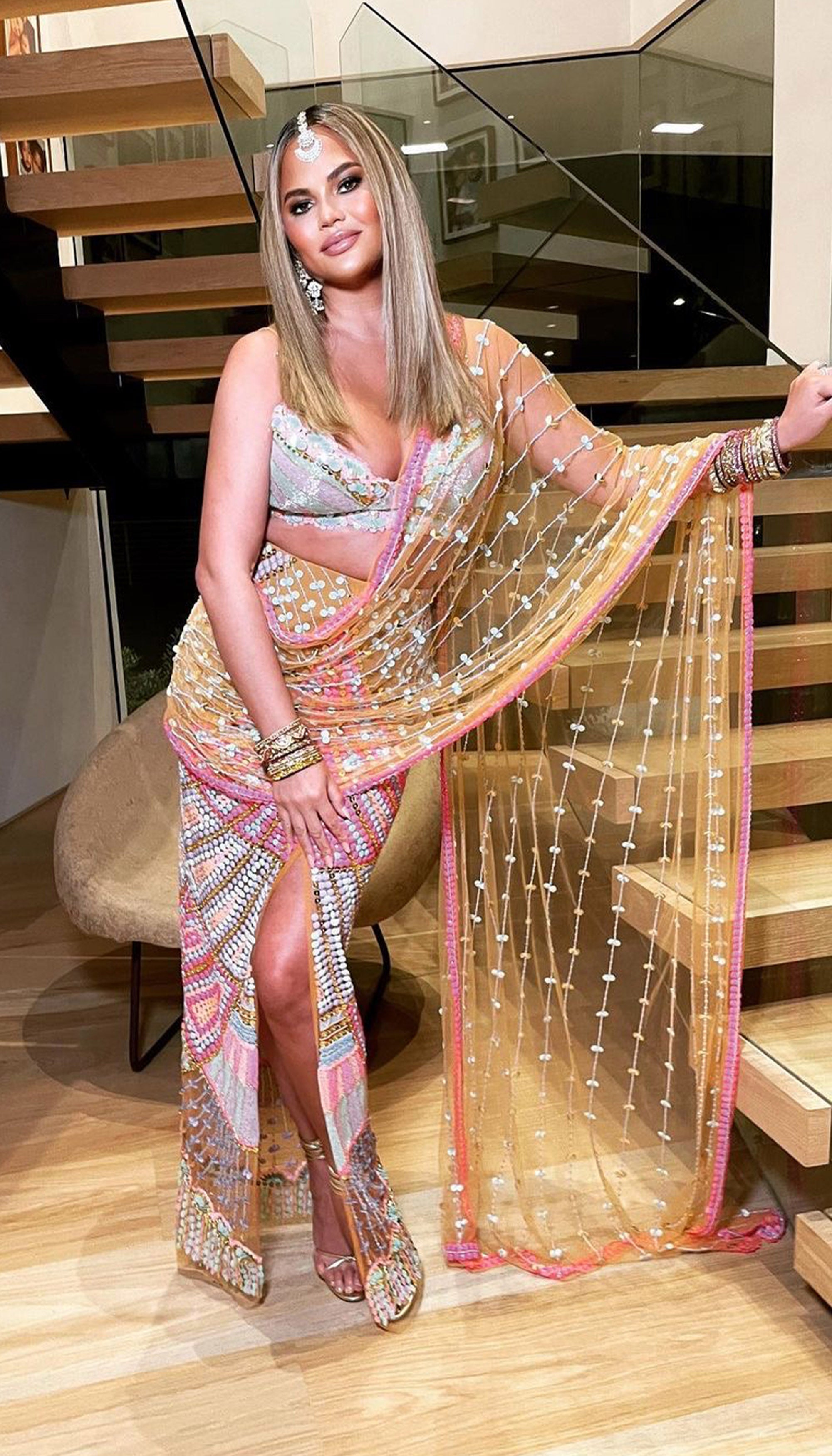 Chrissy Teigen - Biscuit Nude Embellished Saree Set