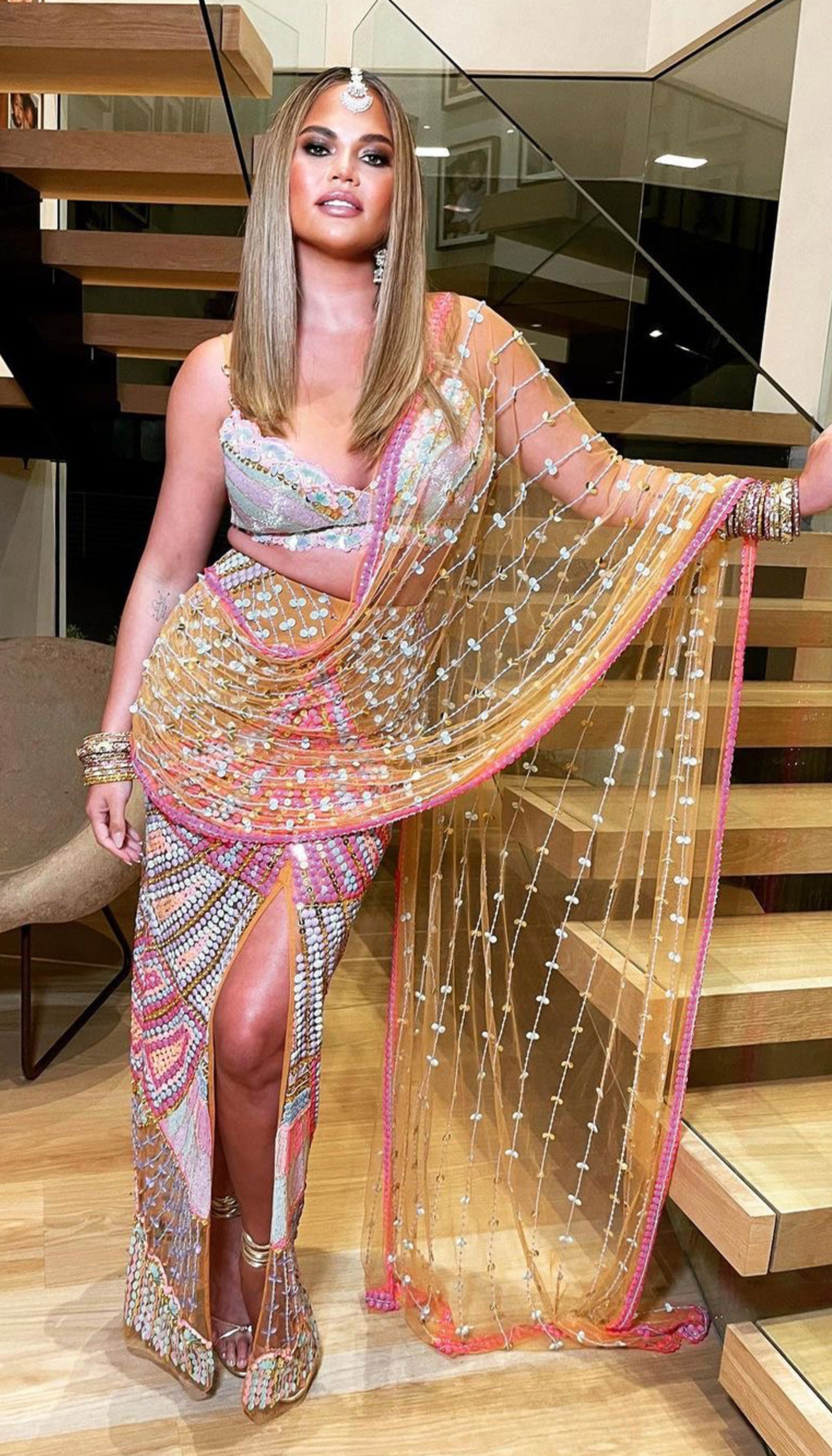 Chrissy Teigen - Biscuit Nude Embellished Saree Set