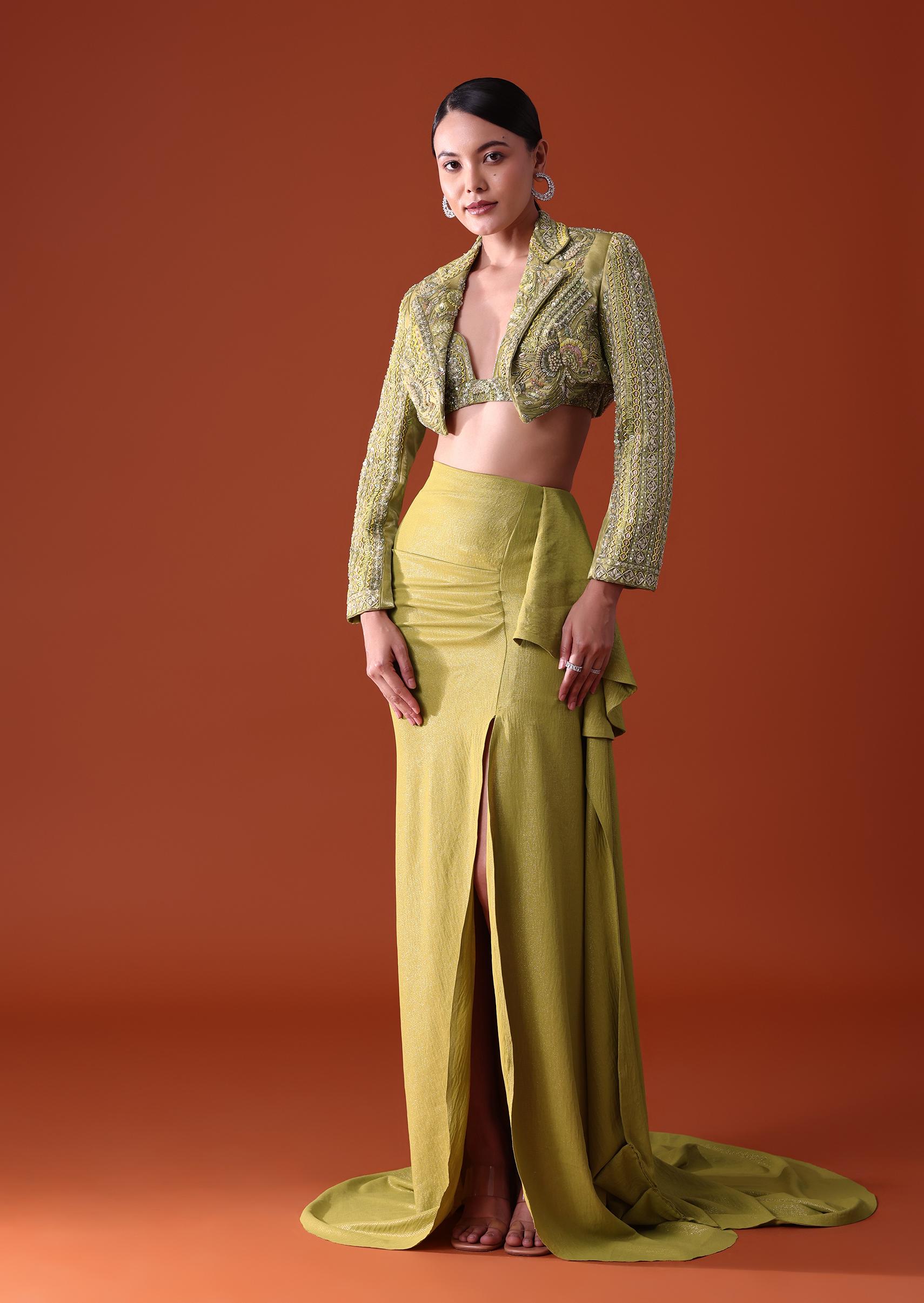 Citrus Green Draped Slit Skirt With Embroidered Short Jacket