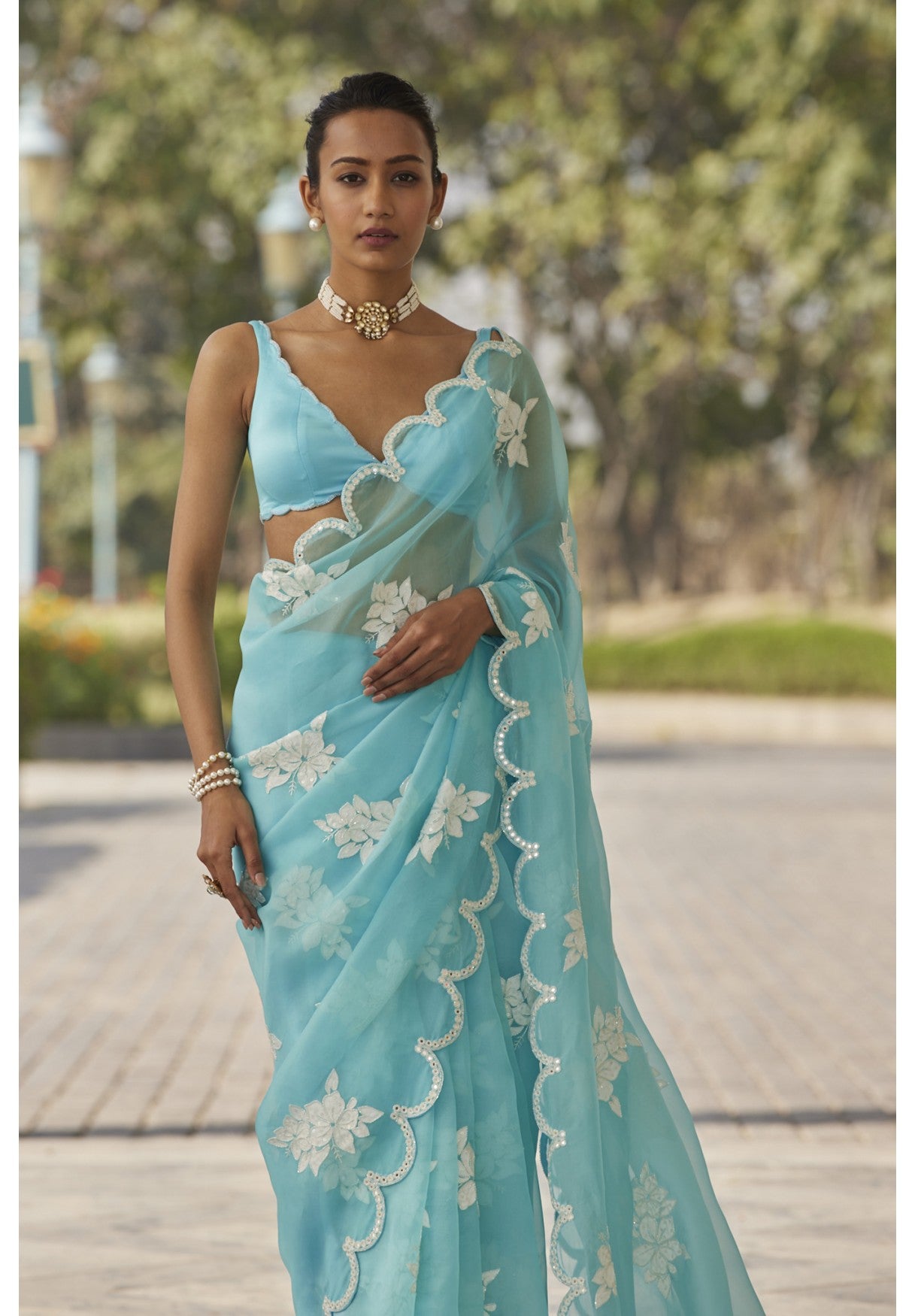 Blue Flower Saree Set