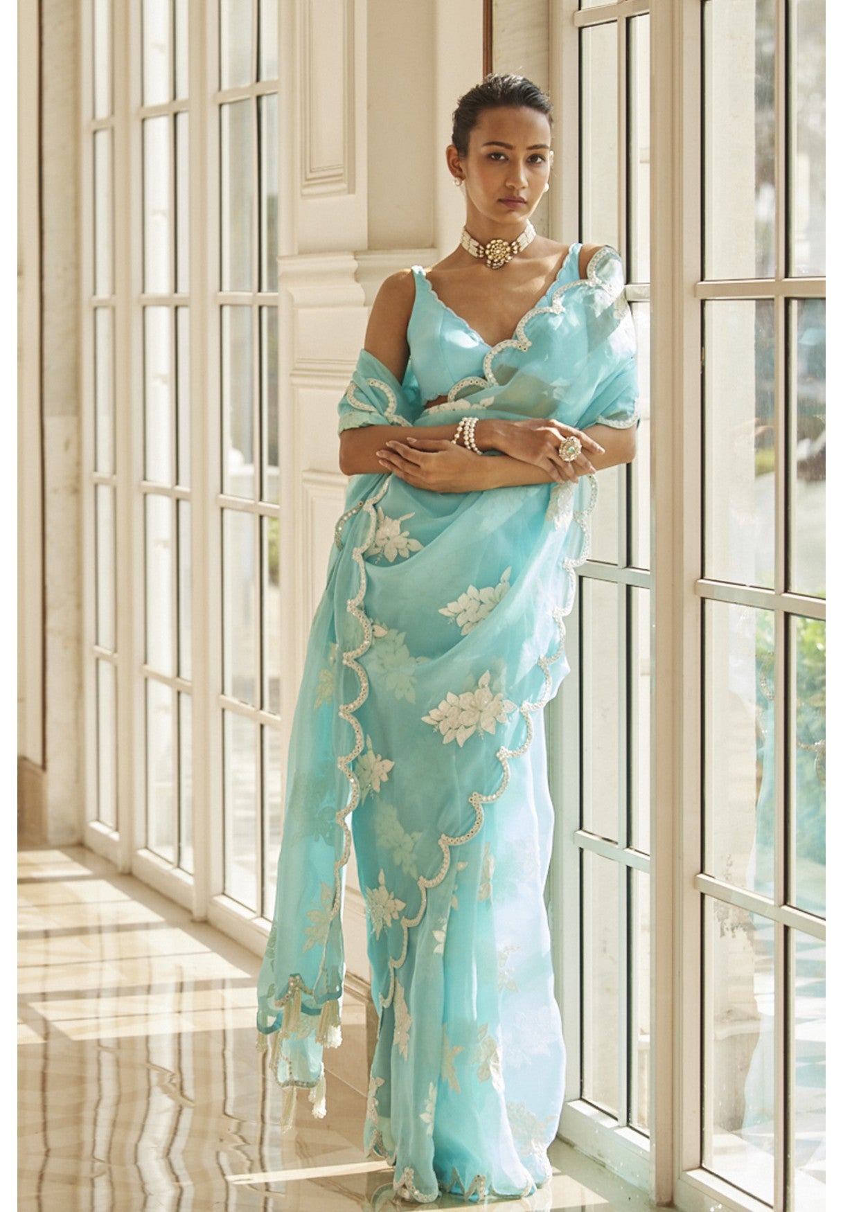 Blue Flower Saree Set