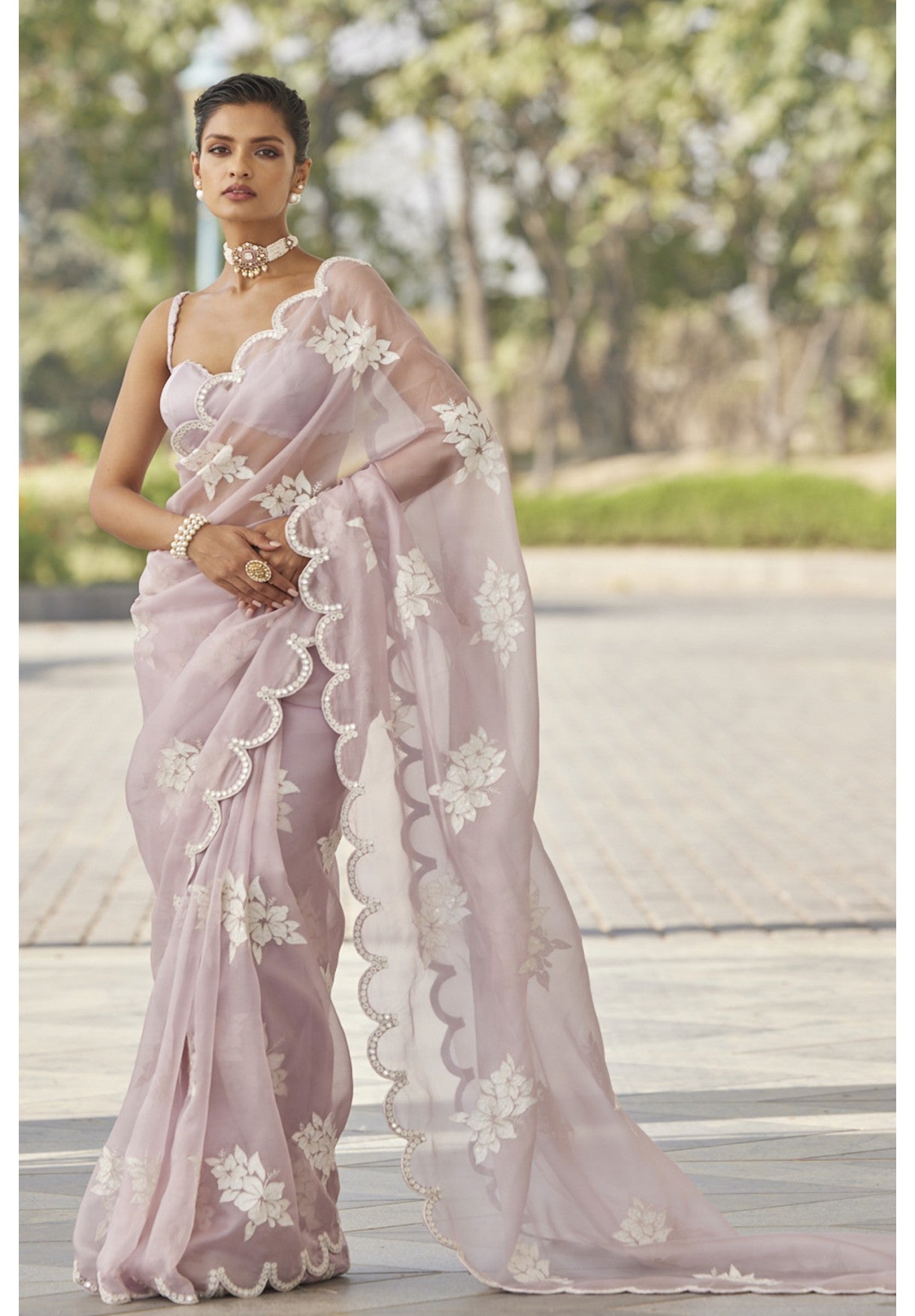 Powder Lilac Flower Saree Set