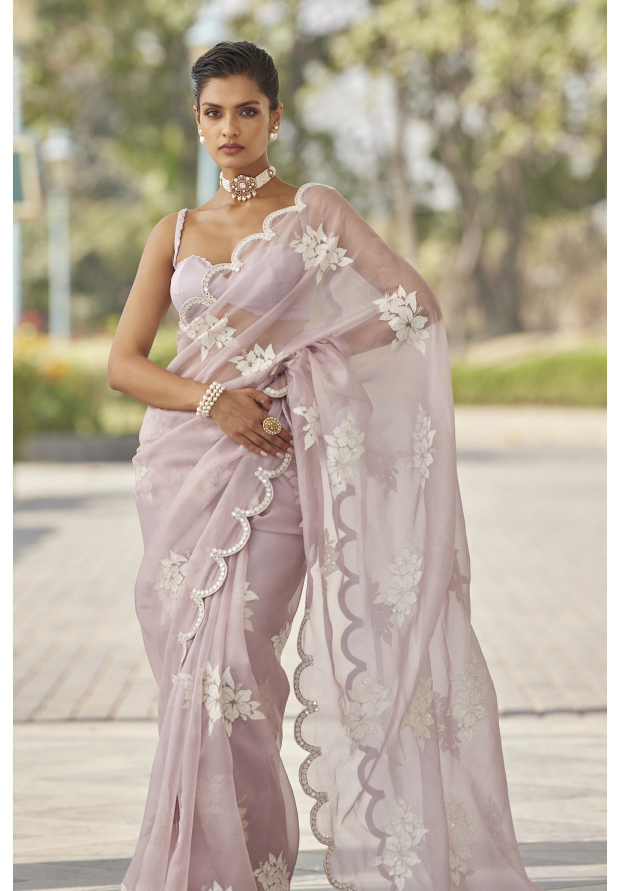 Powder Lilac Flower Saree Set