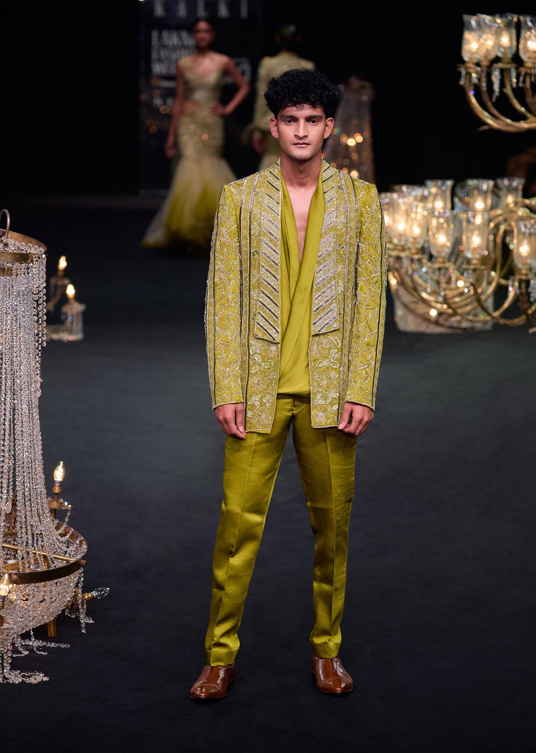 Green Linen Satin Lapel Tuxedo Jacket With Shirt And Pants
