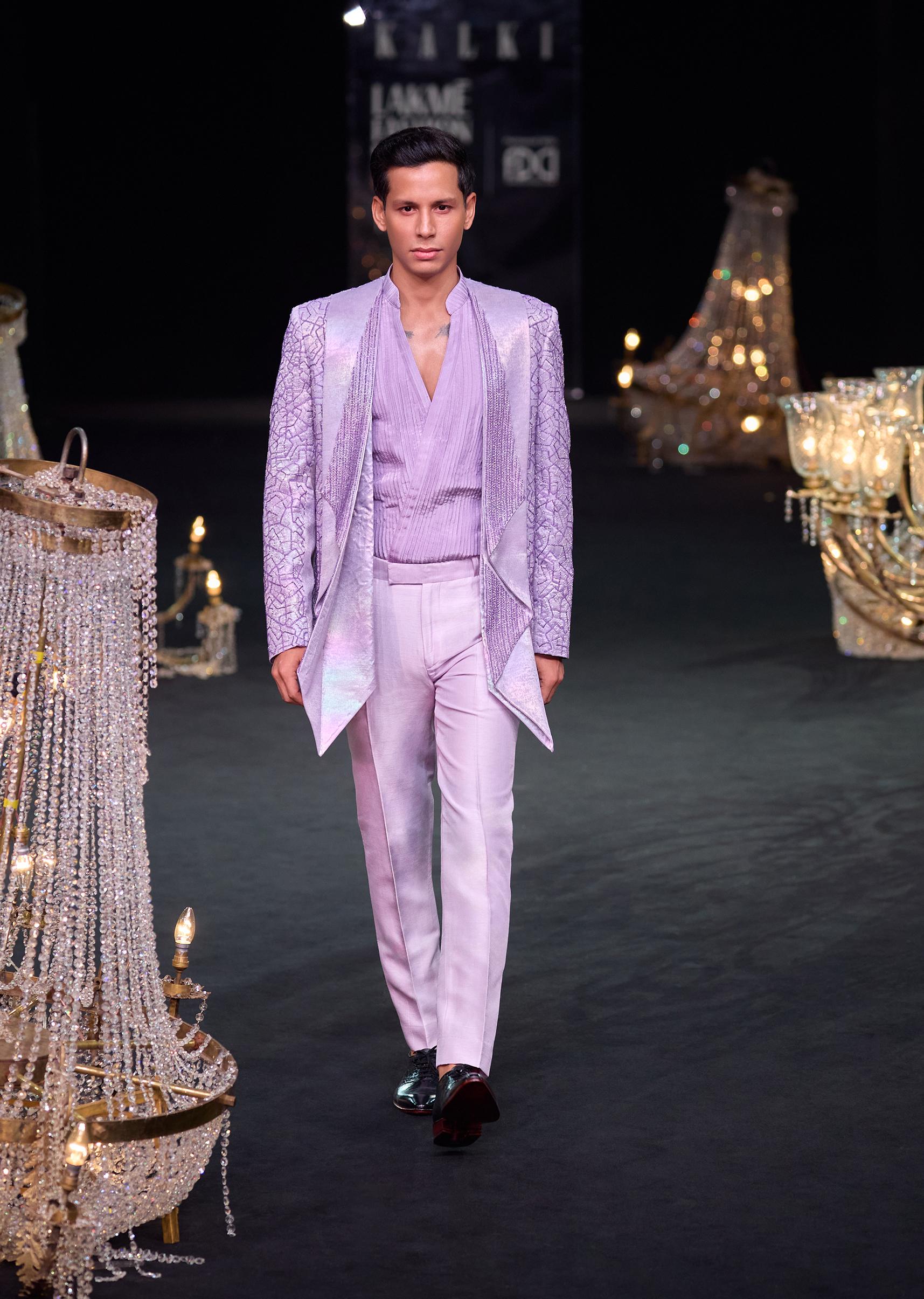 Lavender Shimmer Lapel Tuxedo With Pleated Shirt And Pants
