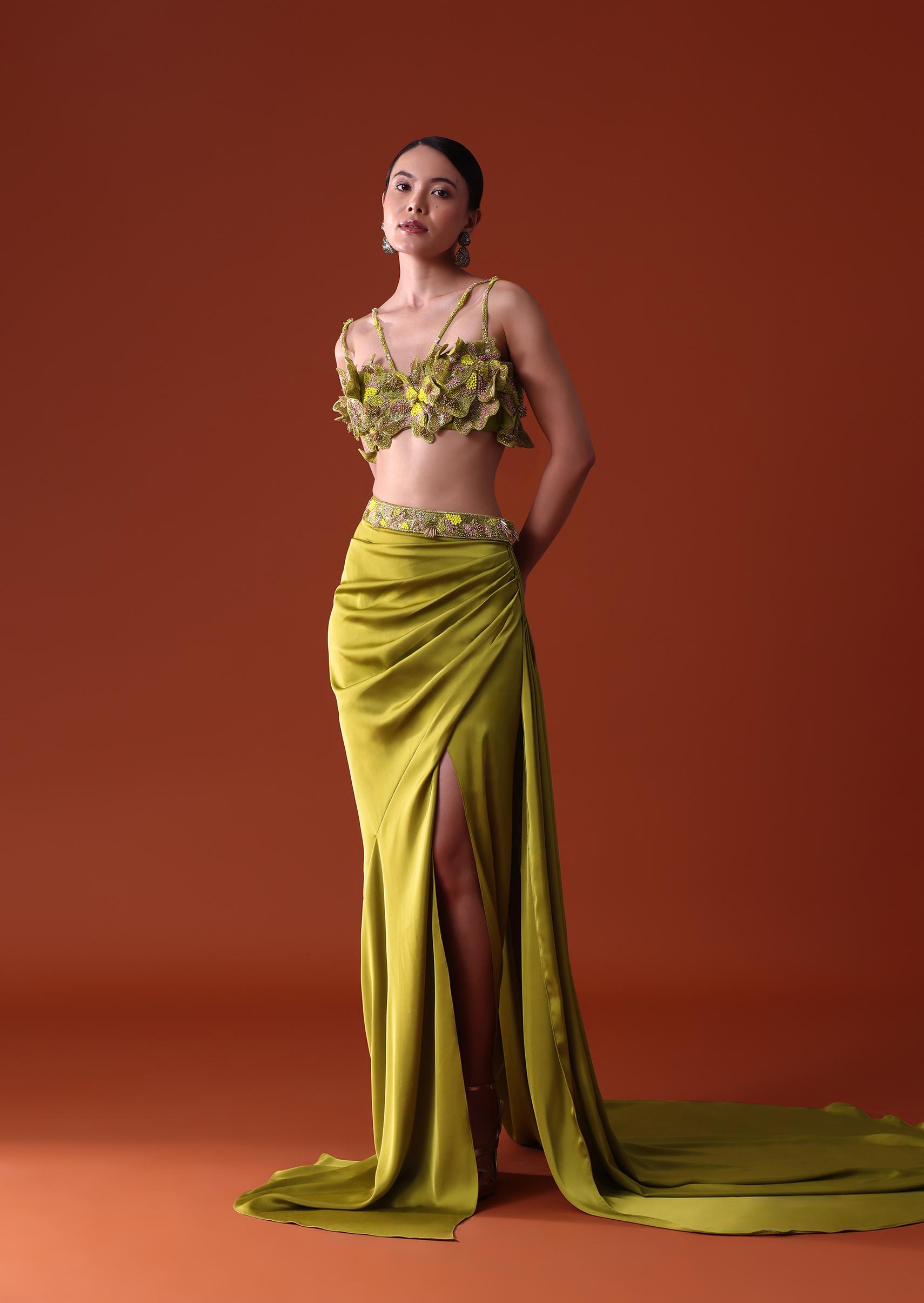 Lime Green Zardosi Draped Slit Skirt With 3D Multi Strap Blouse