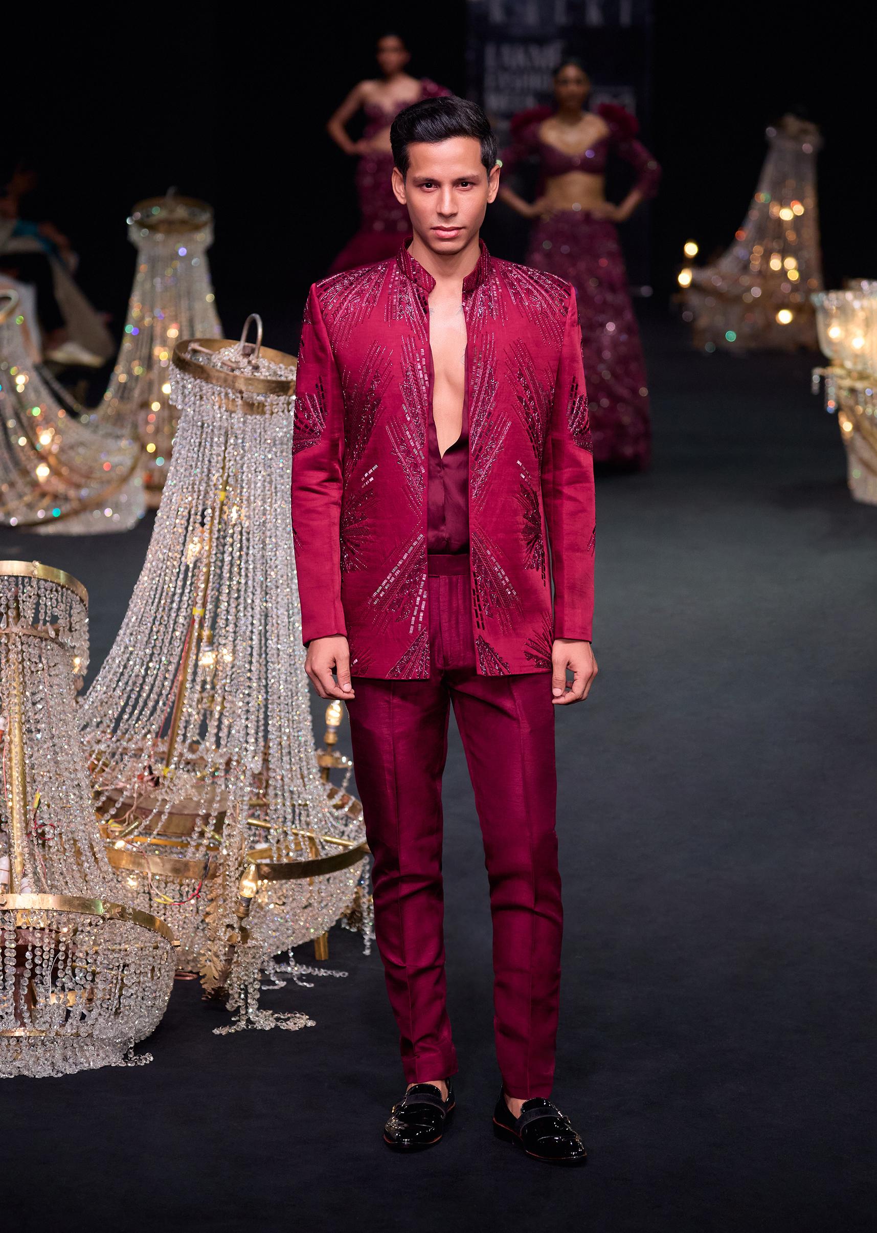 Maroon Linen Satin Hand Embellished Jodhpuri With Shirt And Pant