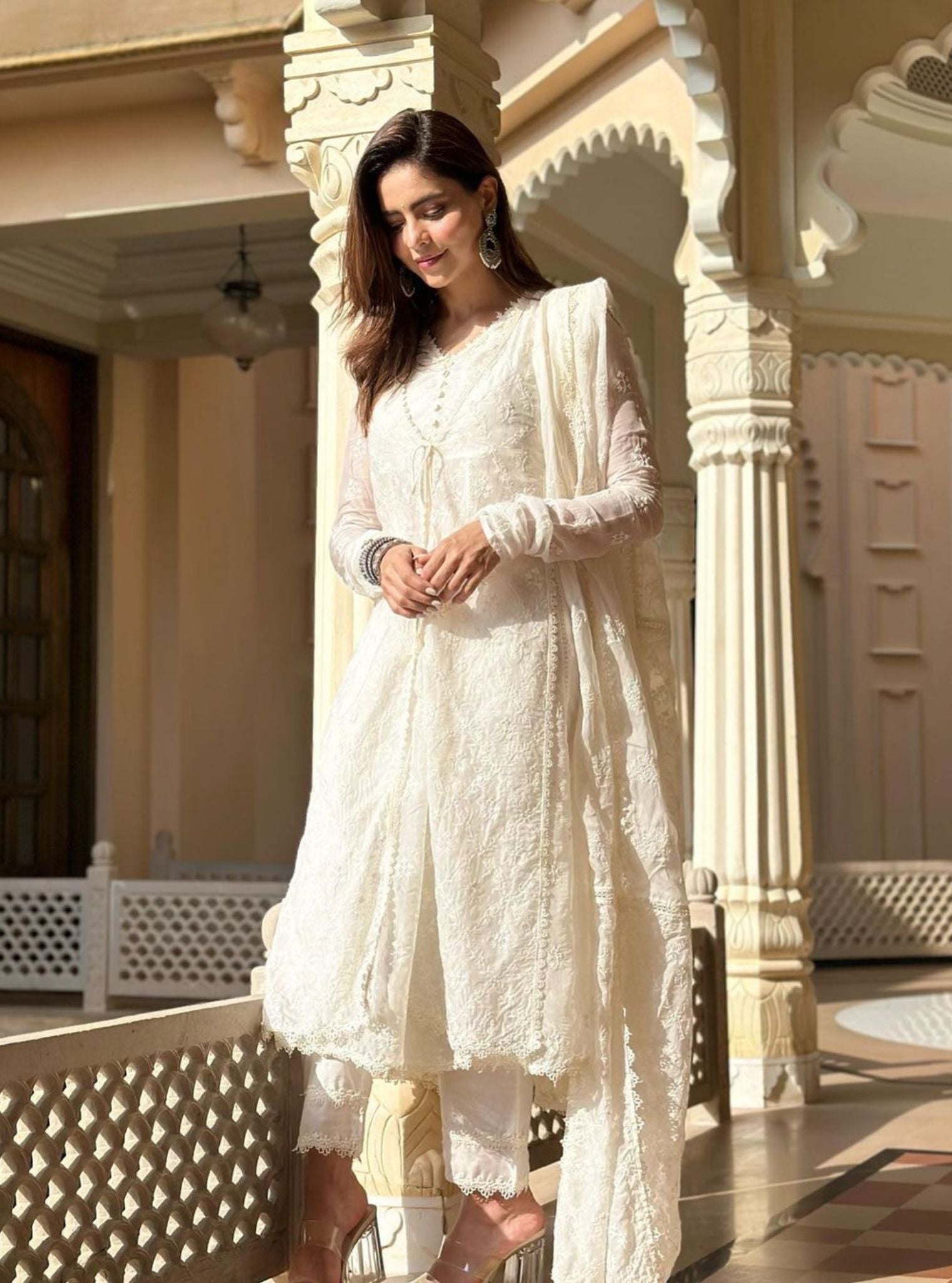 Mulmul Organza Essex Off White Anarkali Kurta With Organza Jacket With Cotton Essex Off White Pant