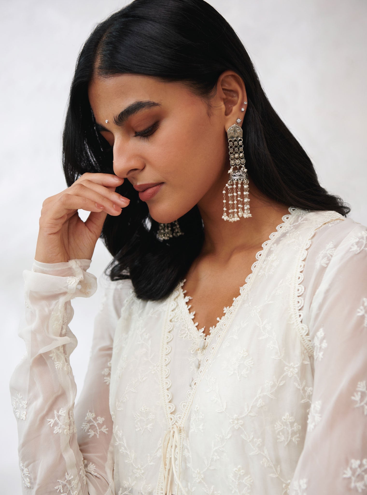 Mulmul Organza Essex Off White Anarkali Kurta With Organza Jacket With Cotton Essex Off White Pant