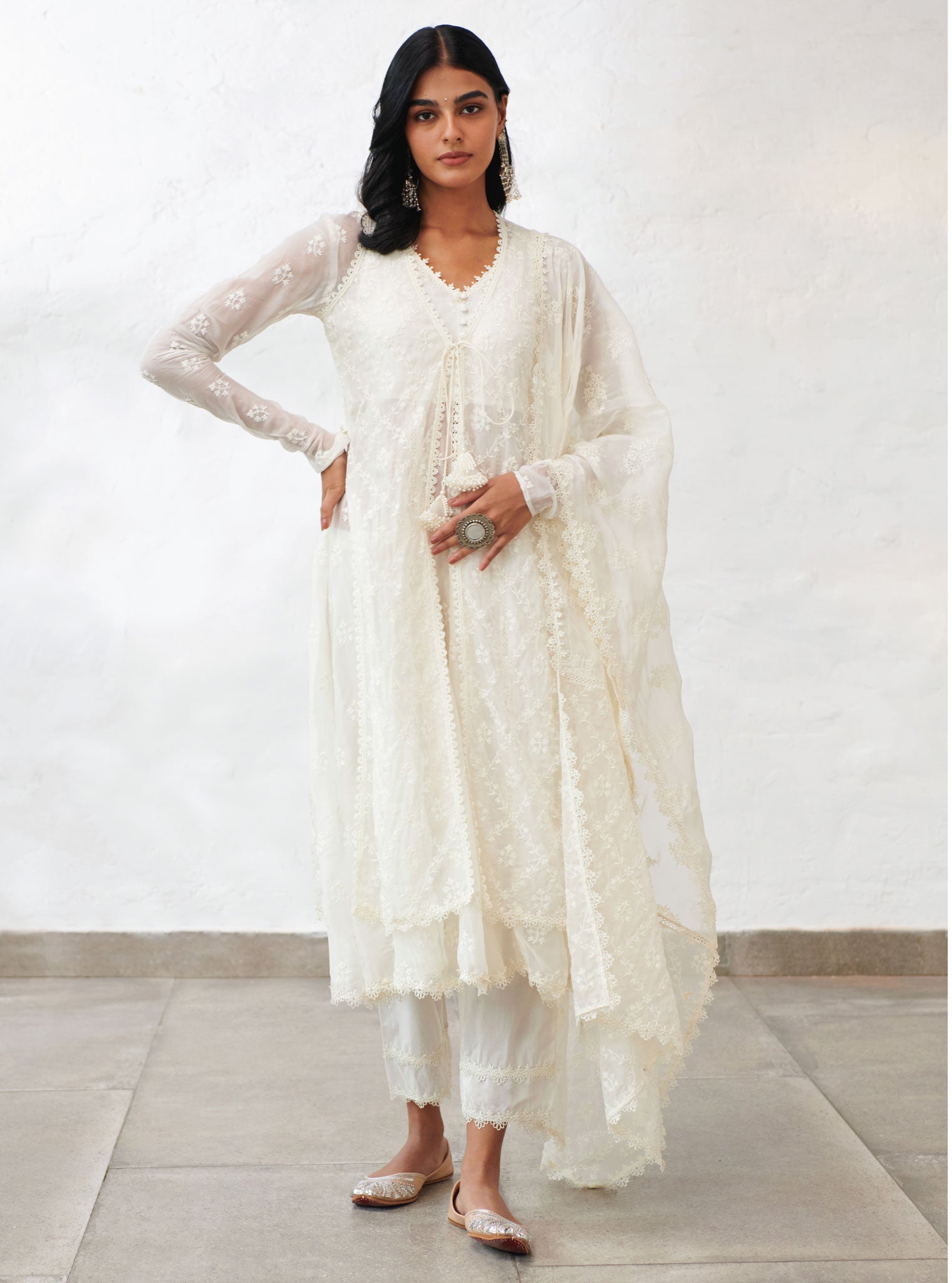 Mulmul Organza Essex Off White Anarkali Kurta With Organza Jacket With Cotton Essex Off White Pant