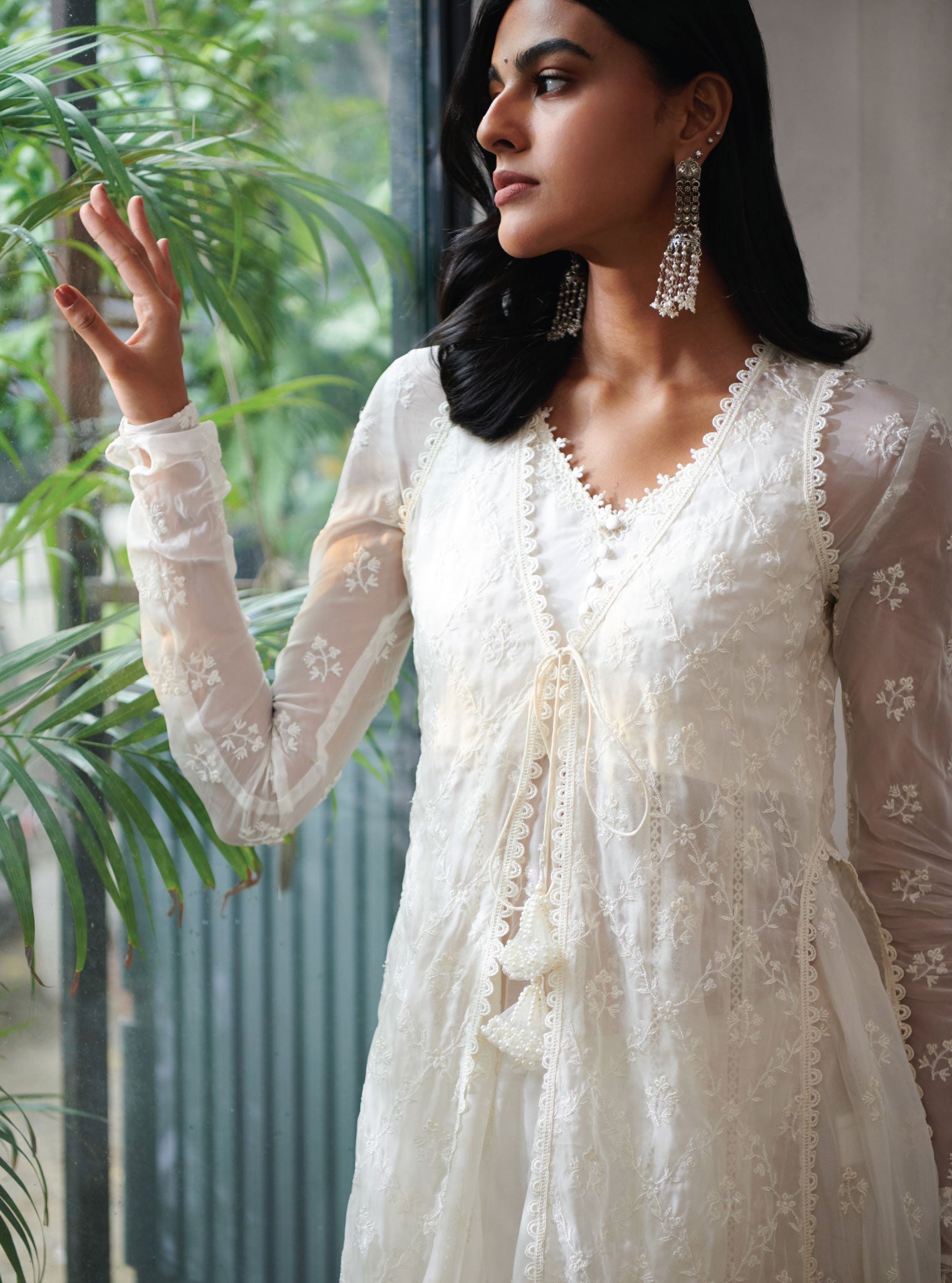 Mulmul Organza Essex Off White Anarkali Kurta With Organza Jacket With Cotton Essex Off White Pant