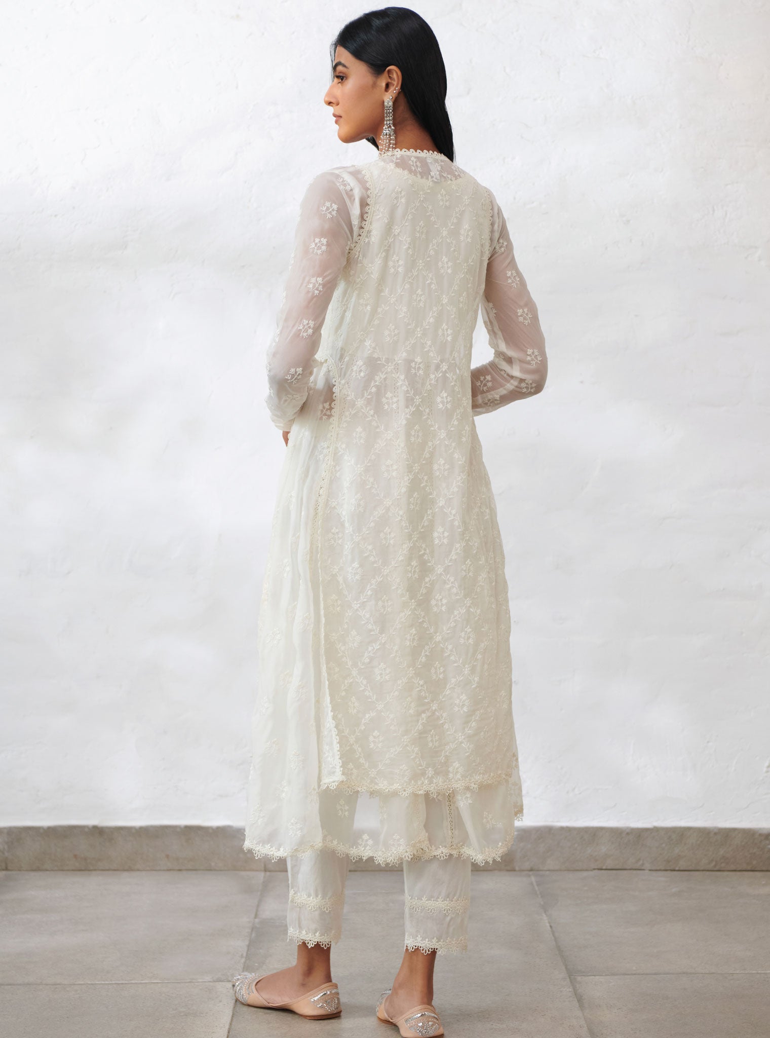 Mulmul Organza Essex Off White Anarkali Kurta With Organza Jacket With Cotton Essex Off White Pant