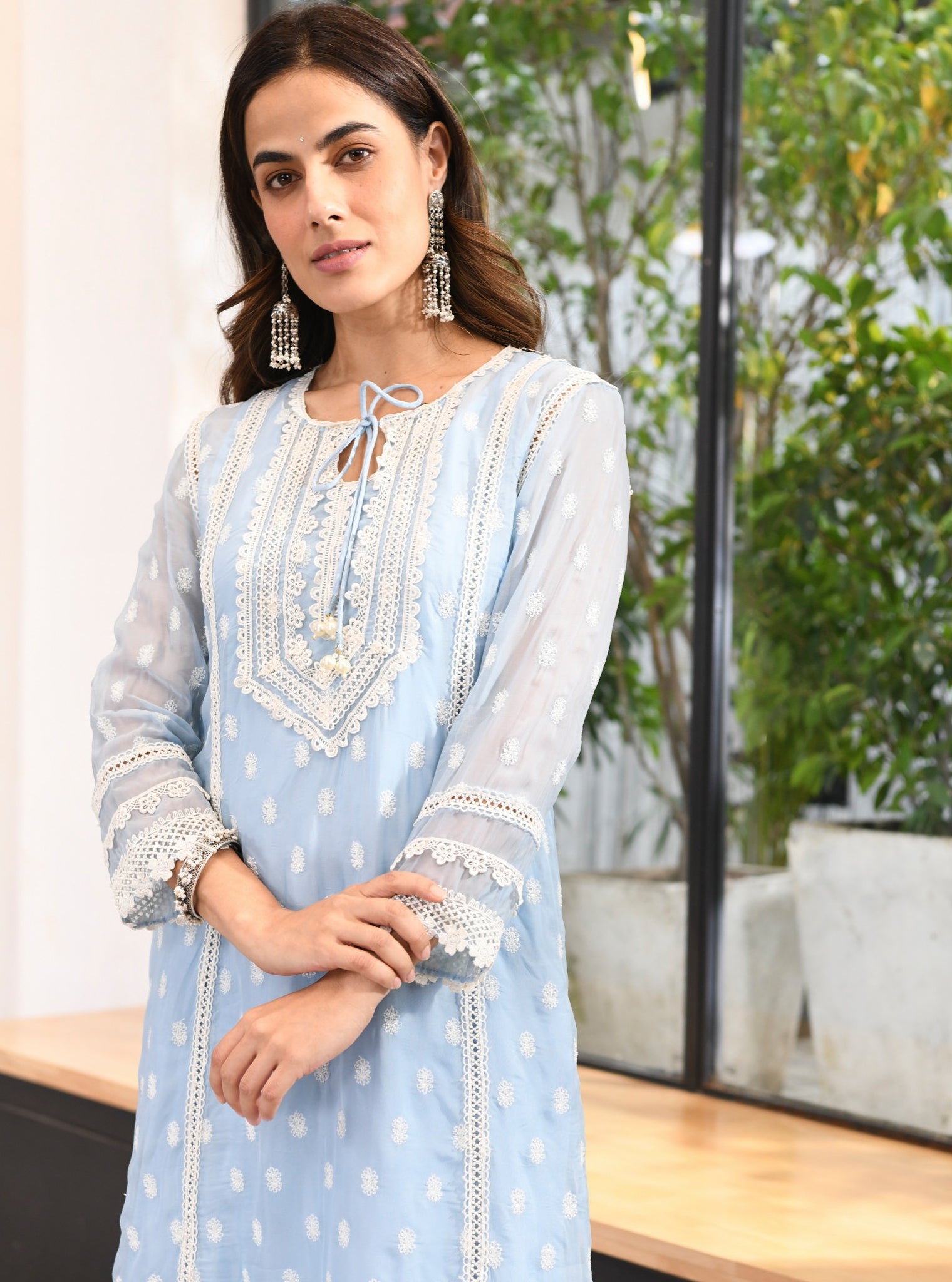 Mulmul Organza Jankia Blue Kurta With Mulmul Cotton Jankia Blue Pant