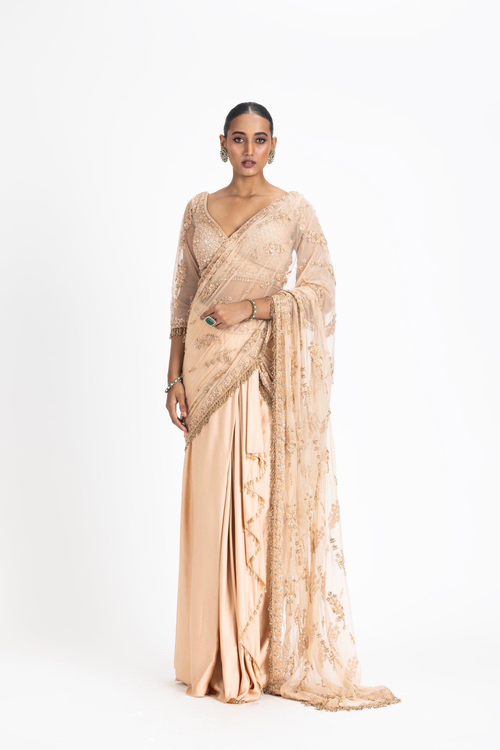 Nude Satin Draped Saree