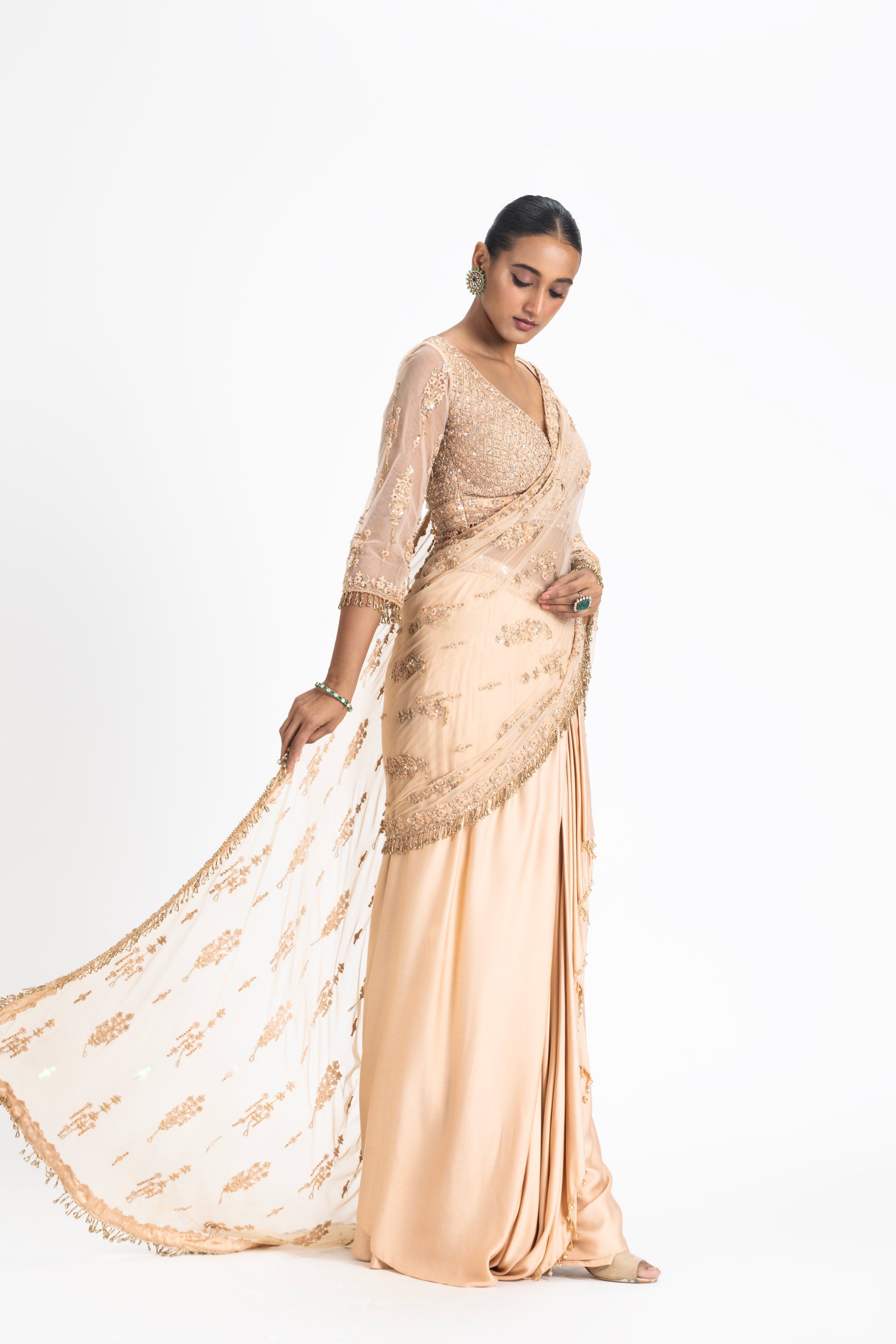 Nude Satin Draped Saree