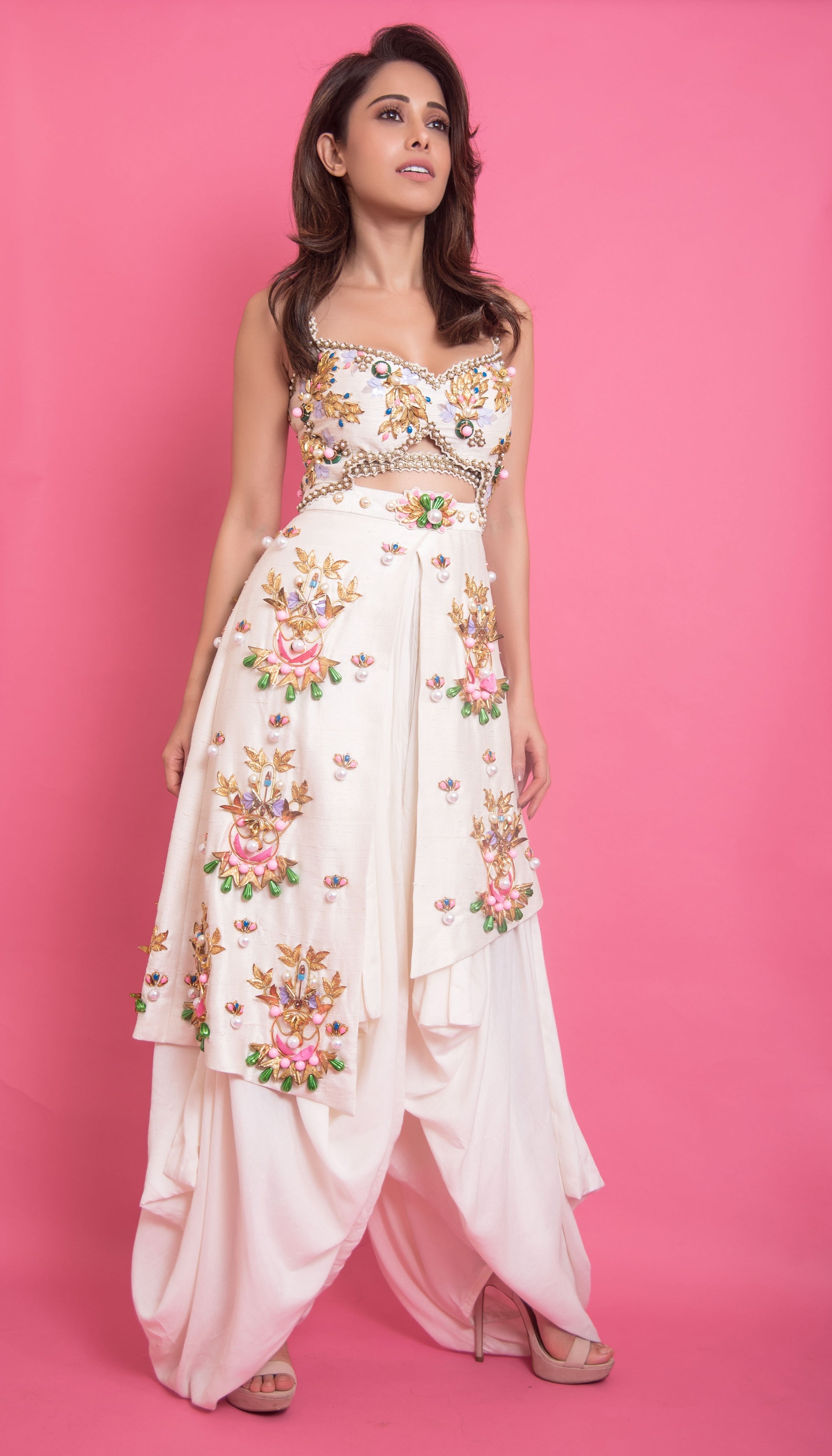 Nushrat Bharucha - White Embellished Dhoti Jumpsuit