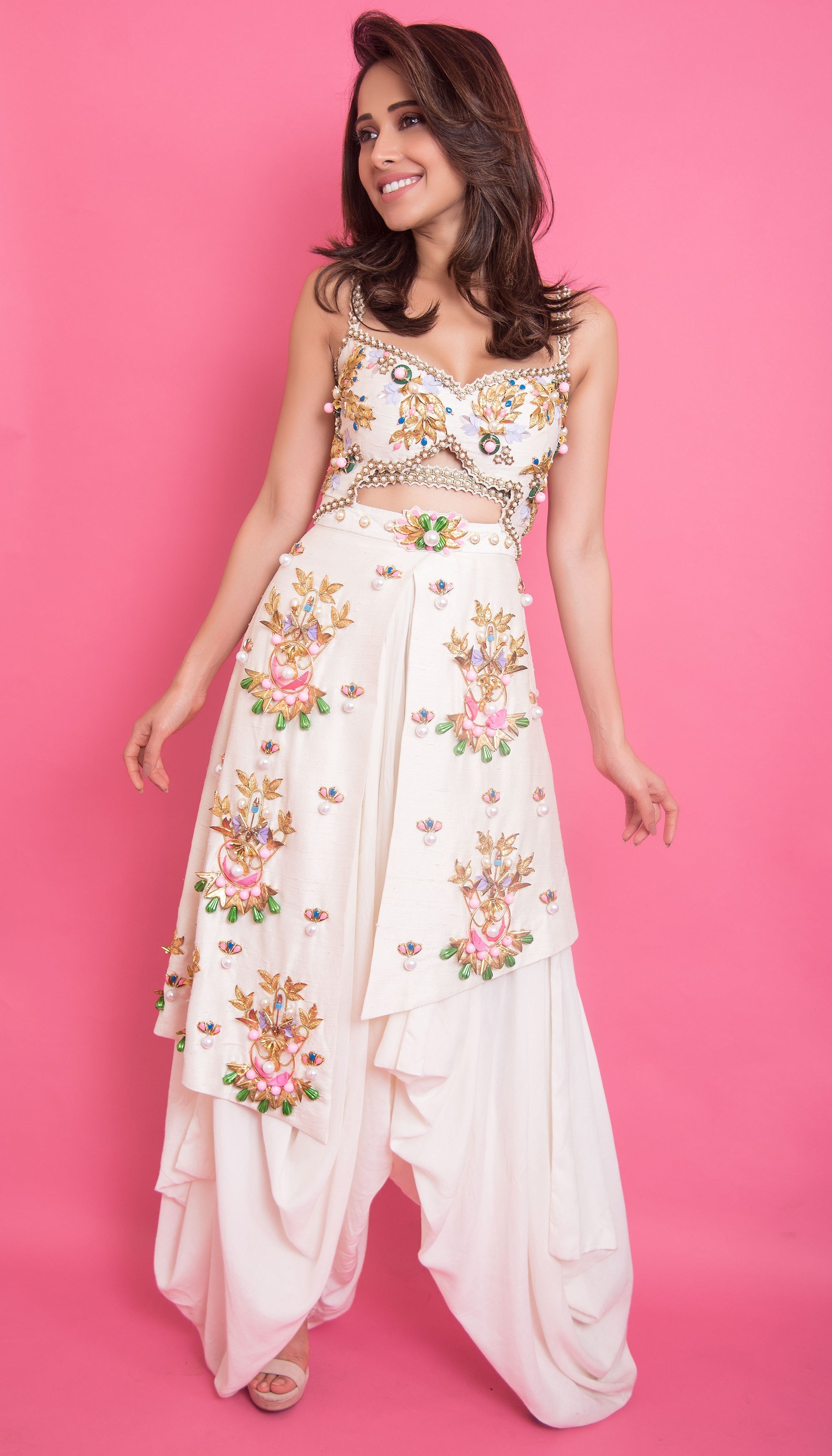 Nushrat Bharucha - White Embellished Dhoti Jumpsuit