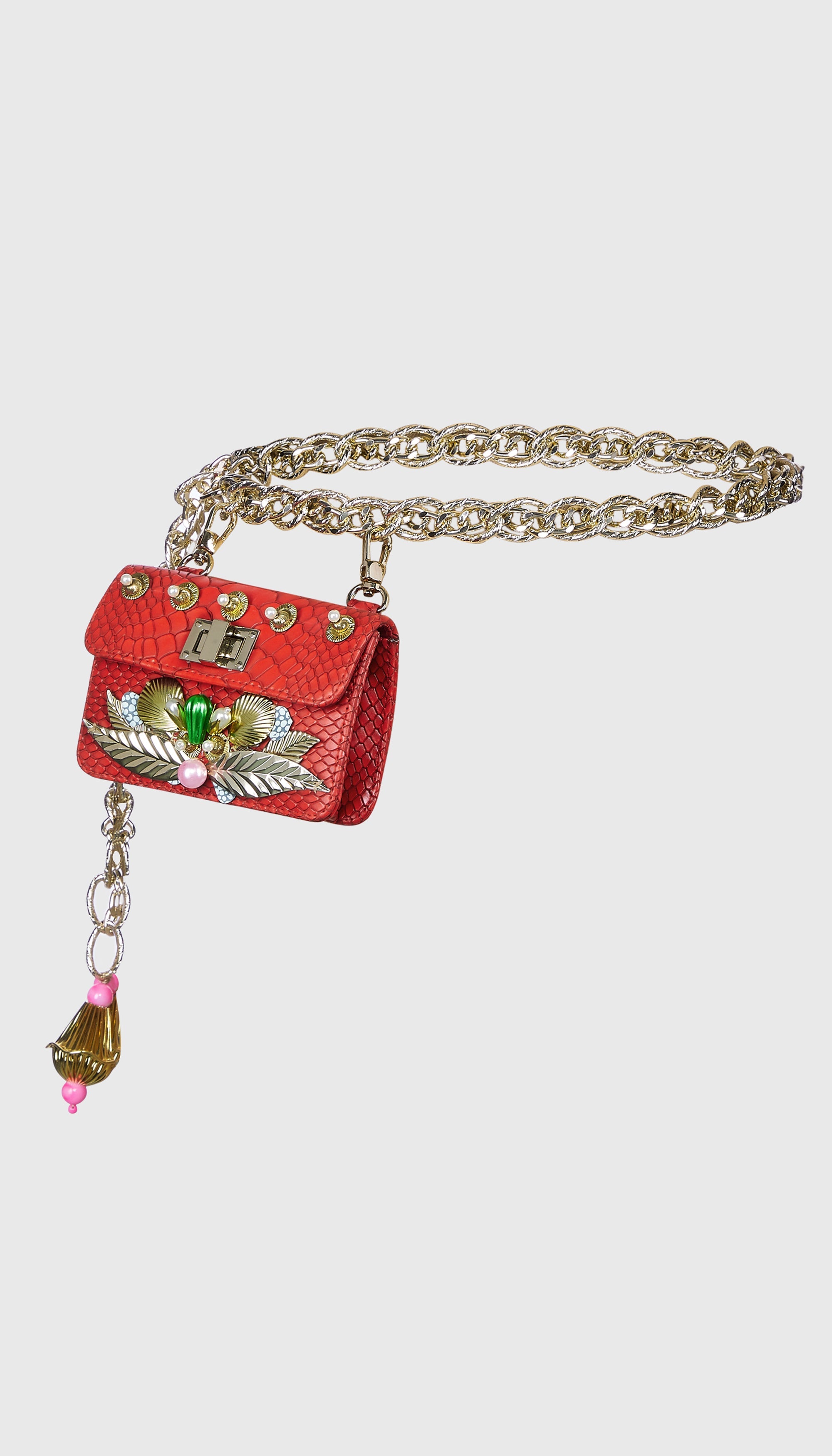 Red Chain-Link Embellished Belt Bag