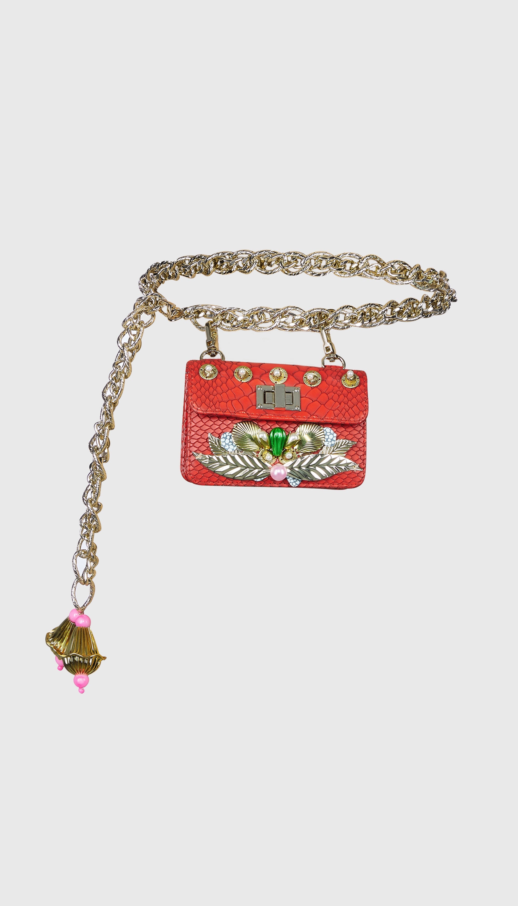 Red Chain-Link Embellished Belt Bag