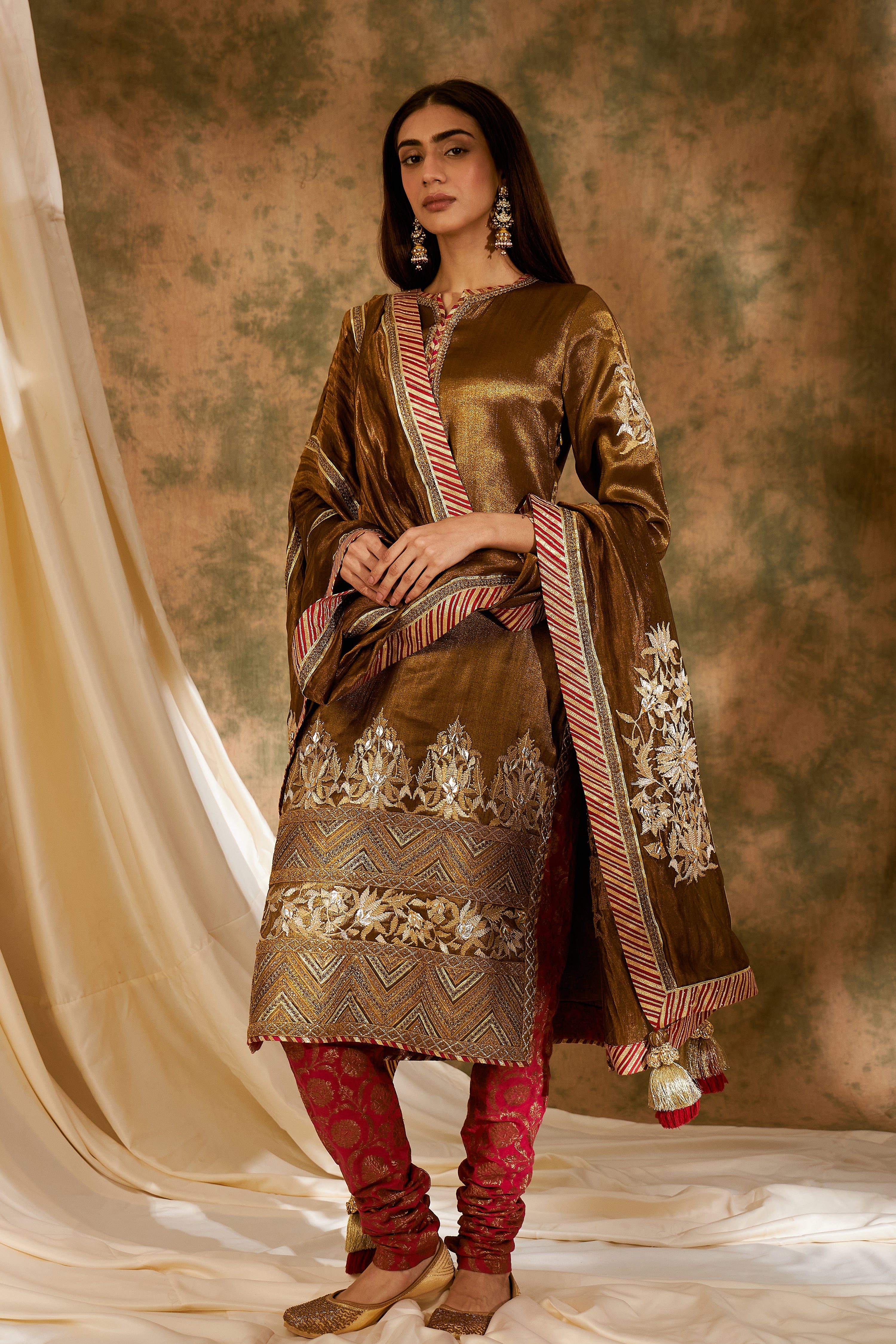 Metallic Bronze Long Kurta With Churidar