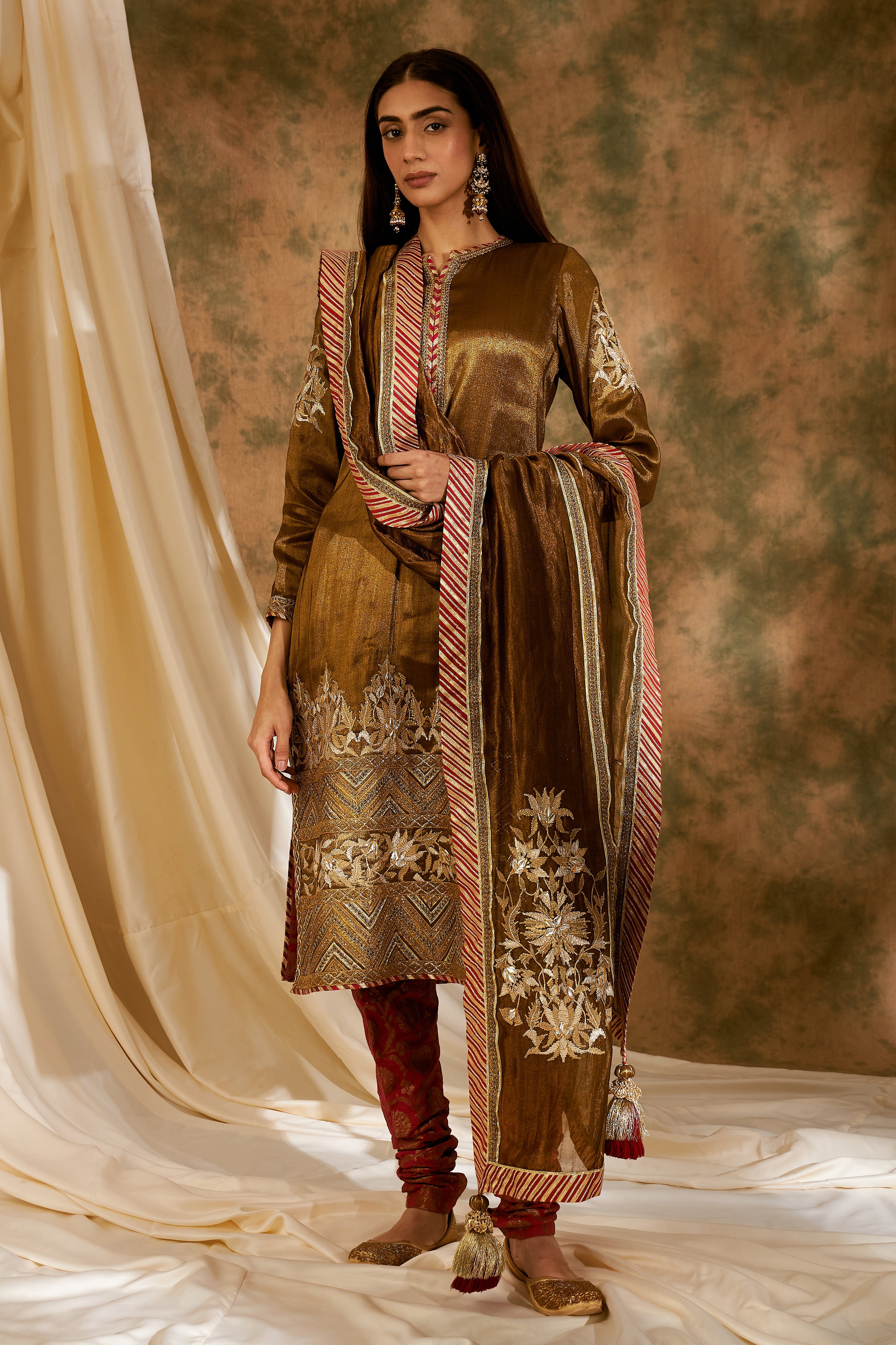 Metallic Bronze Long Kurta With Churidar