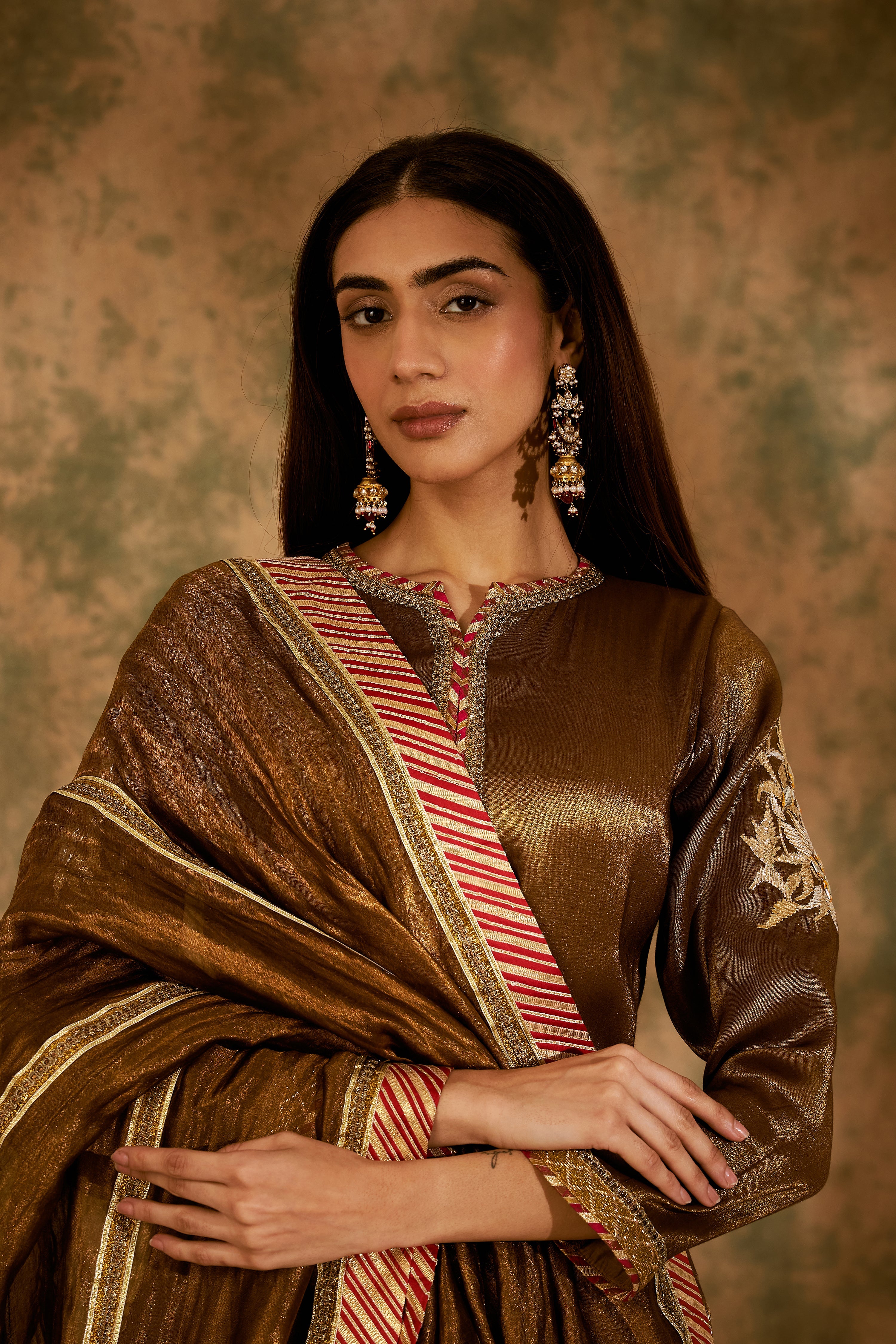 Metallic Bronze Long Kurta With Churidar