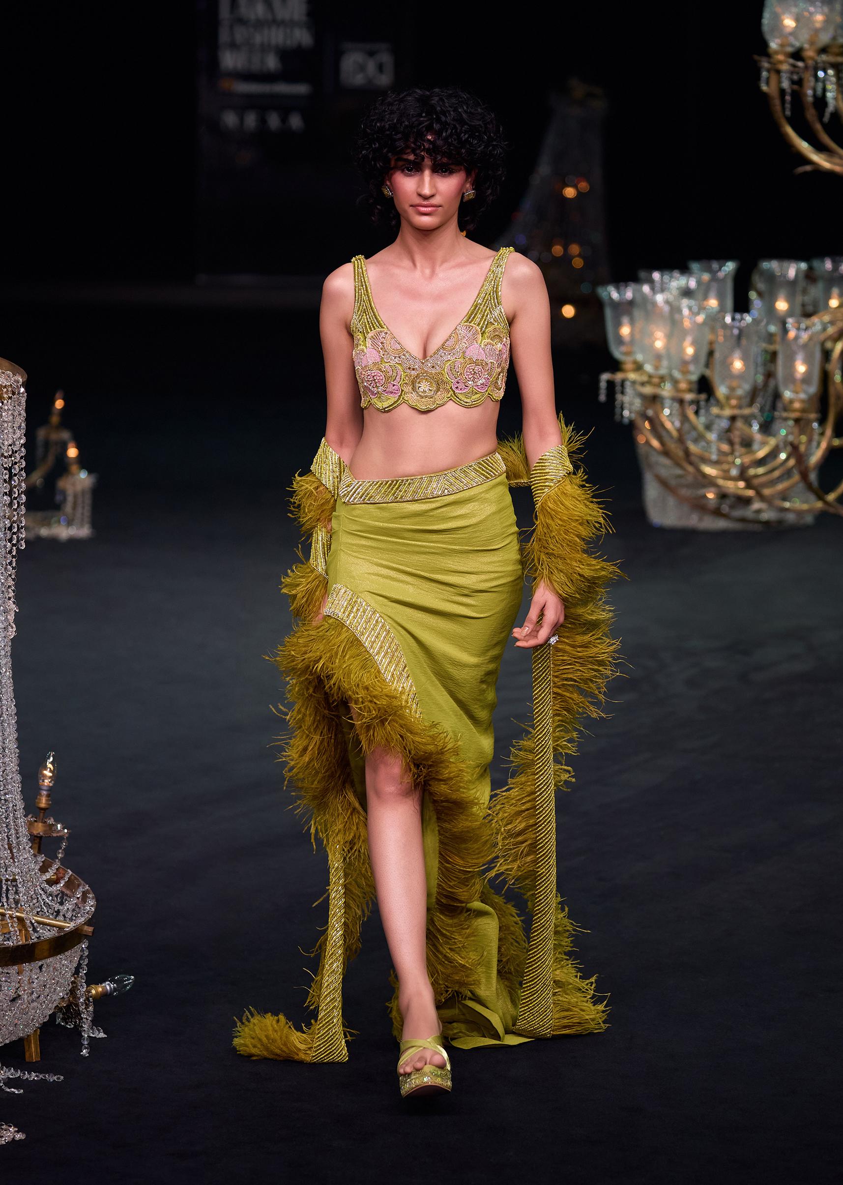 Citrus Green Feathered Dhoti Skirt And Blouse Set