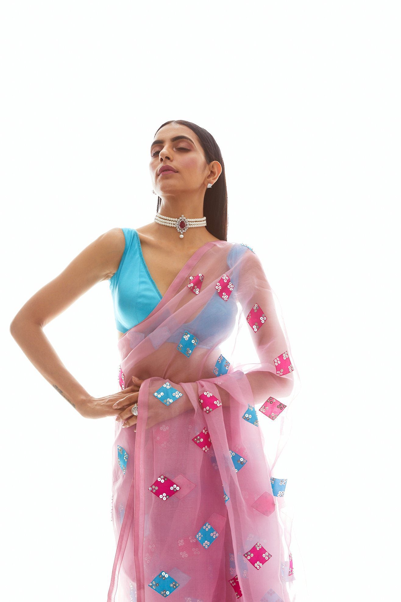 Vvani Vats,VAAW SR 2010,Onion Pink Applique Saree Set