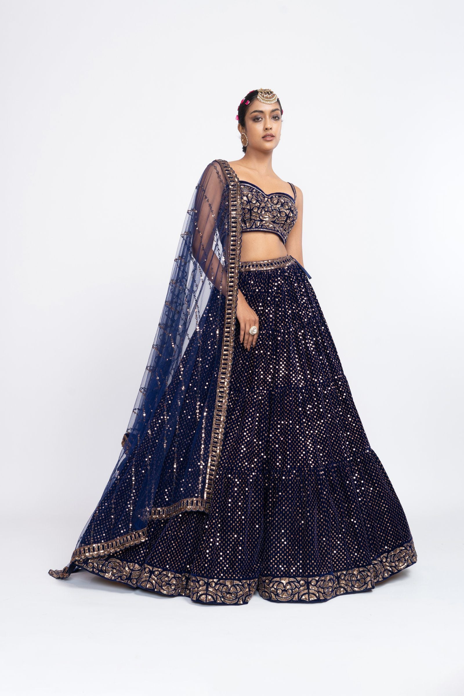 Vvani Vats,VAAW LH 2145,Navy Blue Dense Dot Corset Lehenga Set