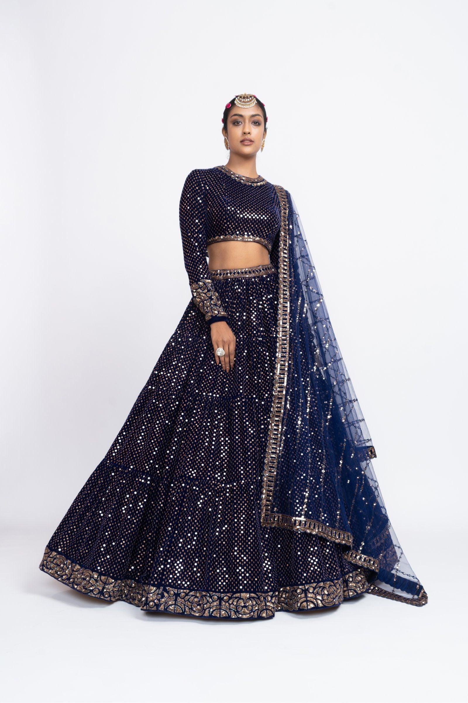 Vvani Vats,VAAW LH 2126,Navy Blue Dense Dot Lehenga Set