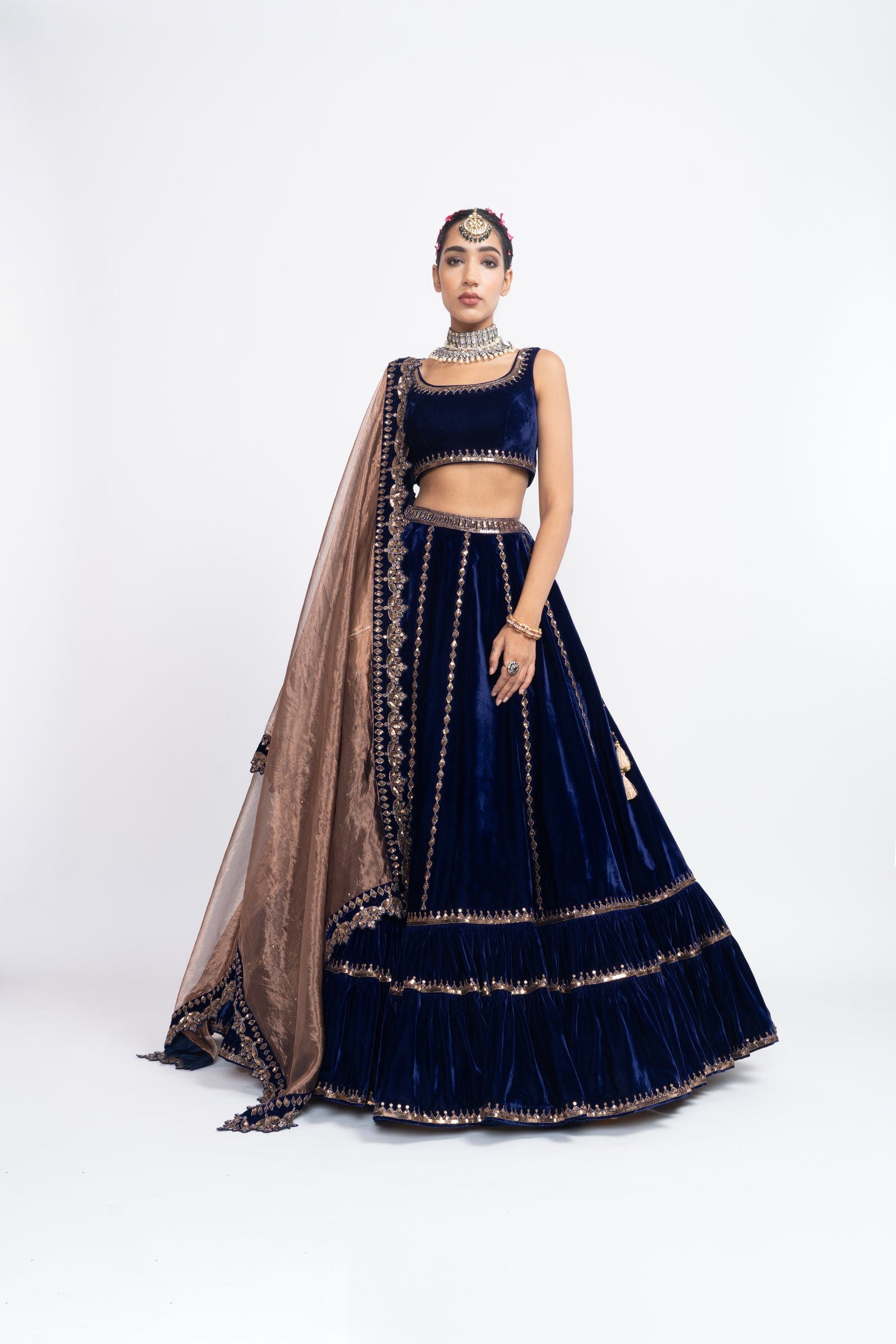 Vvani Vats,VAAW LH 2135,Navy Blue Double Tier Lehenga Set