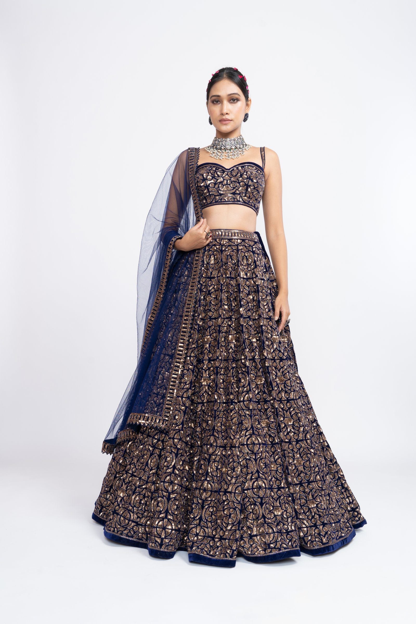 Vvani Vats,VAAW LH 2125,Navy Blue Fully Embroidered Corset Lehenga Set