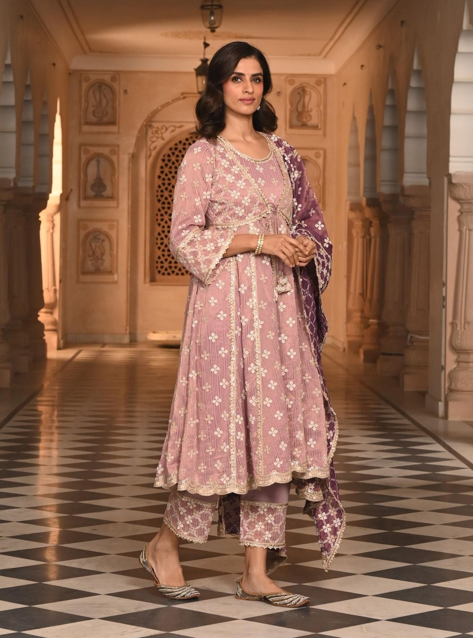 Mulmul Banarsi Bhumbro Lilac Anarkali Kurta With Mulmul Pima Satin Bhumbro Lilac Pant