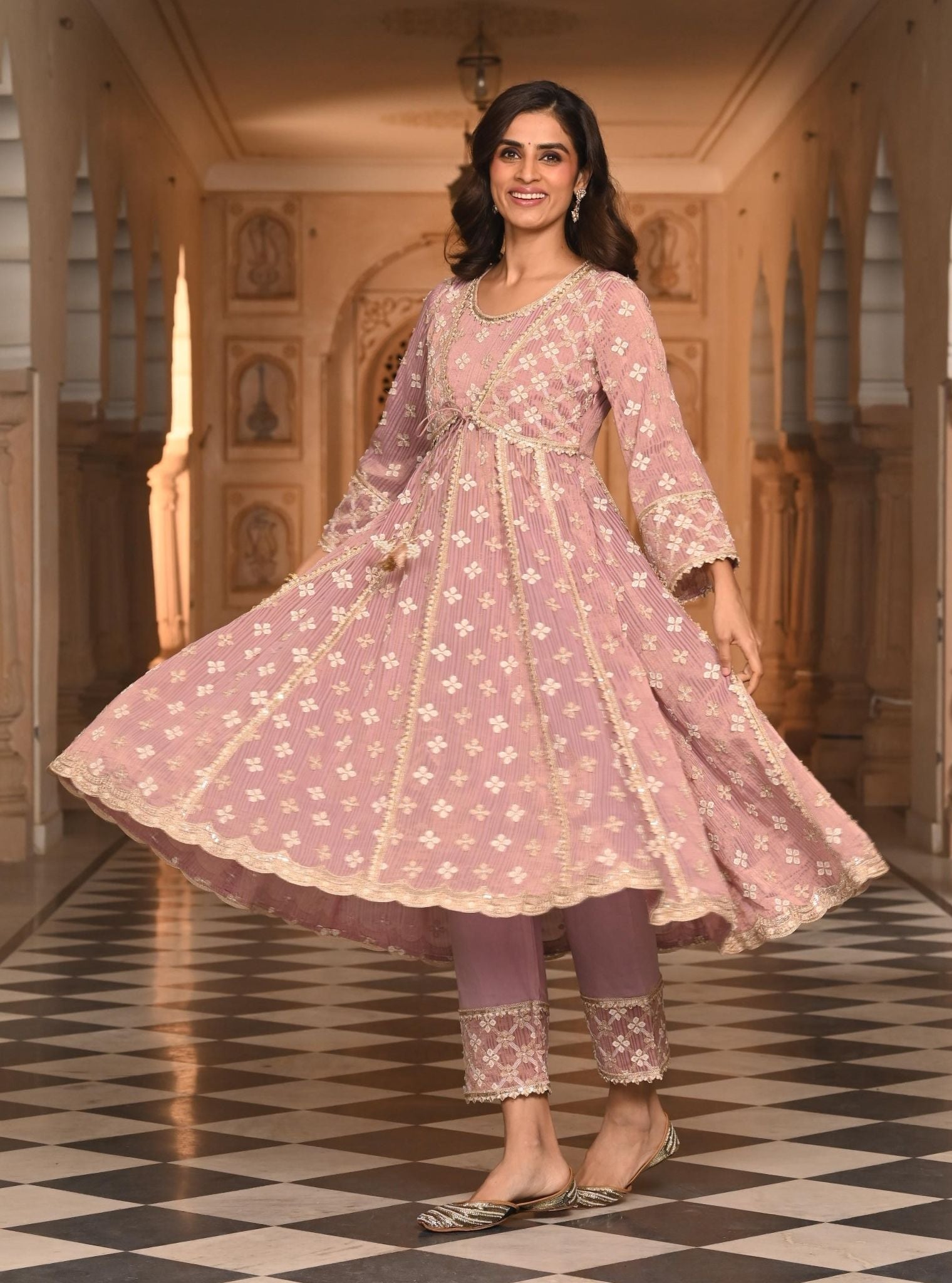 Mulmul Banarsi Bhumbro Lilac Anarkali Kurta With Mulmul Pima Satin Bhumbro Lilac Pant